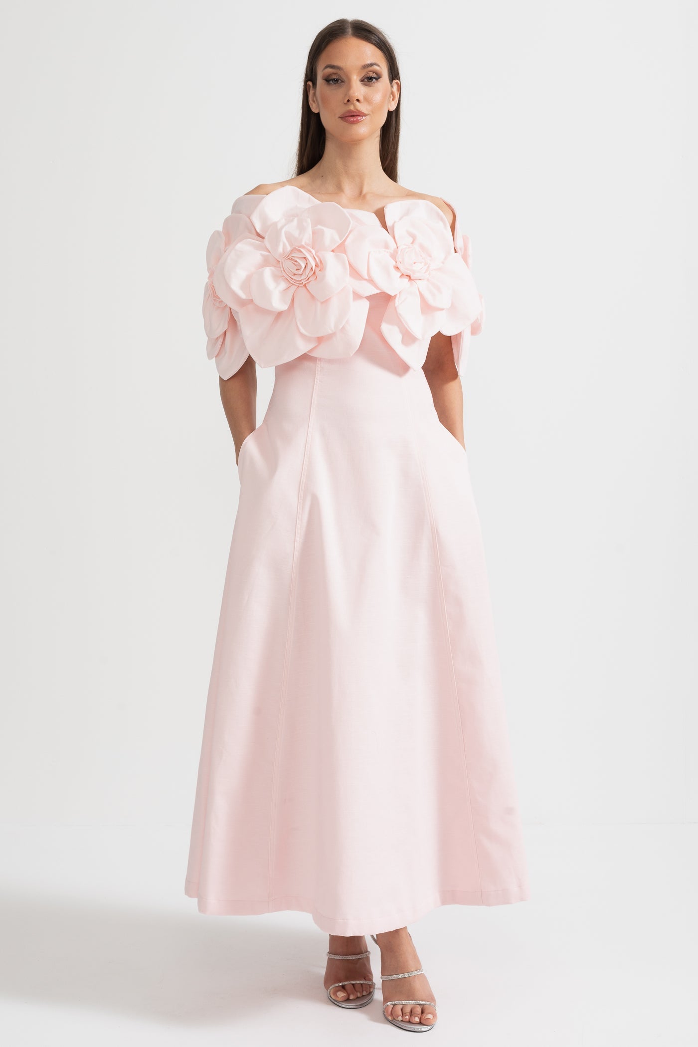 strapless open back dress Off-Shoulder Midi Dress With Large Fabric Floral Accents