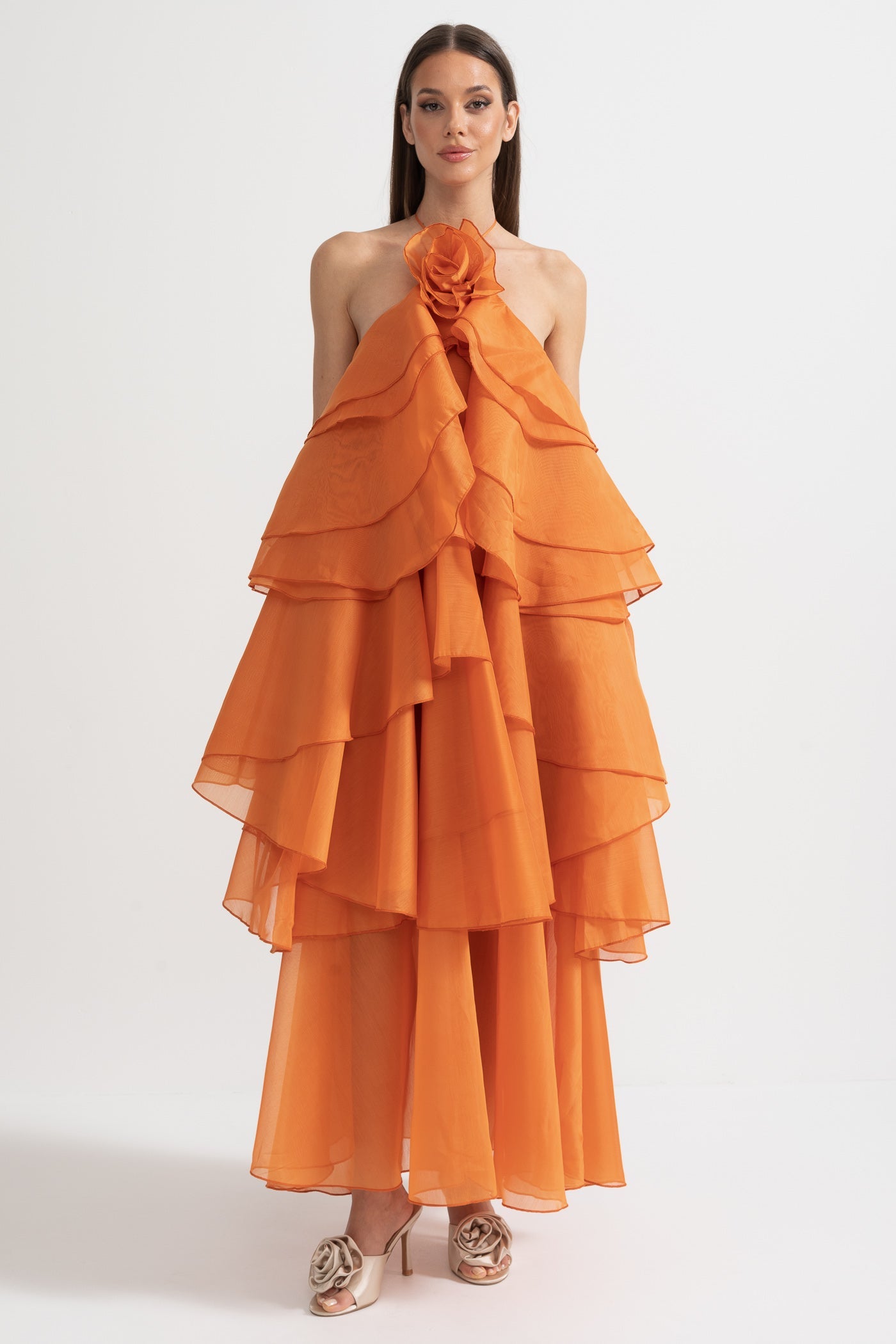 Layered Ruffle Halter Dress With Decorative Neckline Flower Layered Ruffle Halter Dress With Decorative Neckline Flower