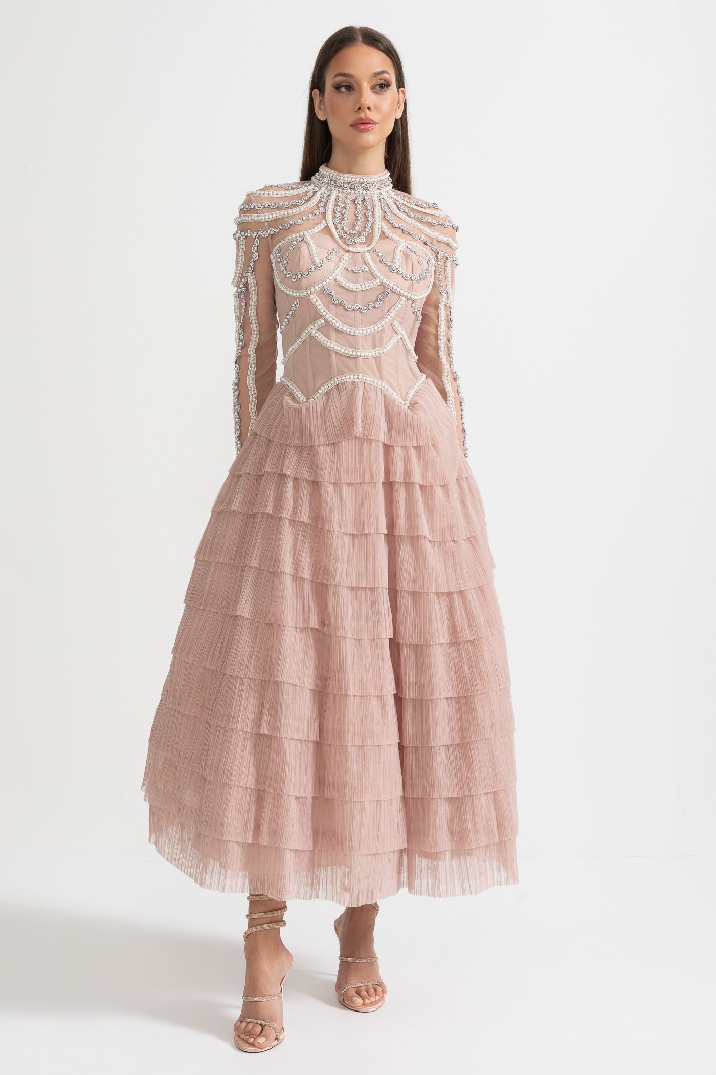 Elegant Long Sleeved Dress with Layered Ruffled Skirt and Intricate Sparkling Embellishments - Pink M