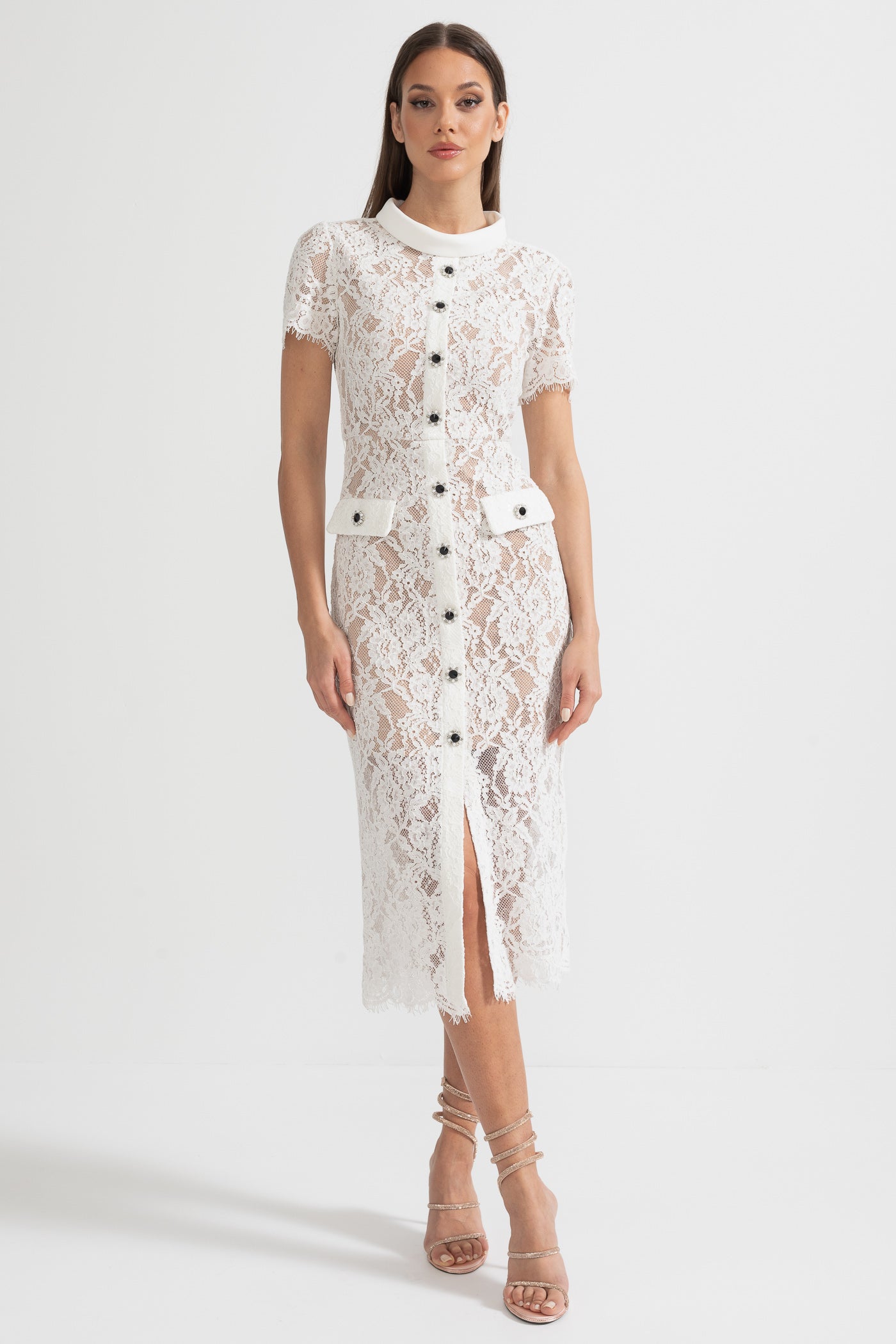 Elegant Short Sleeve Lace Dress With Matching Waist Belt - White XS Elegant Short Sleeve Lace Dress With Matching Waist Belt - White XS