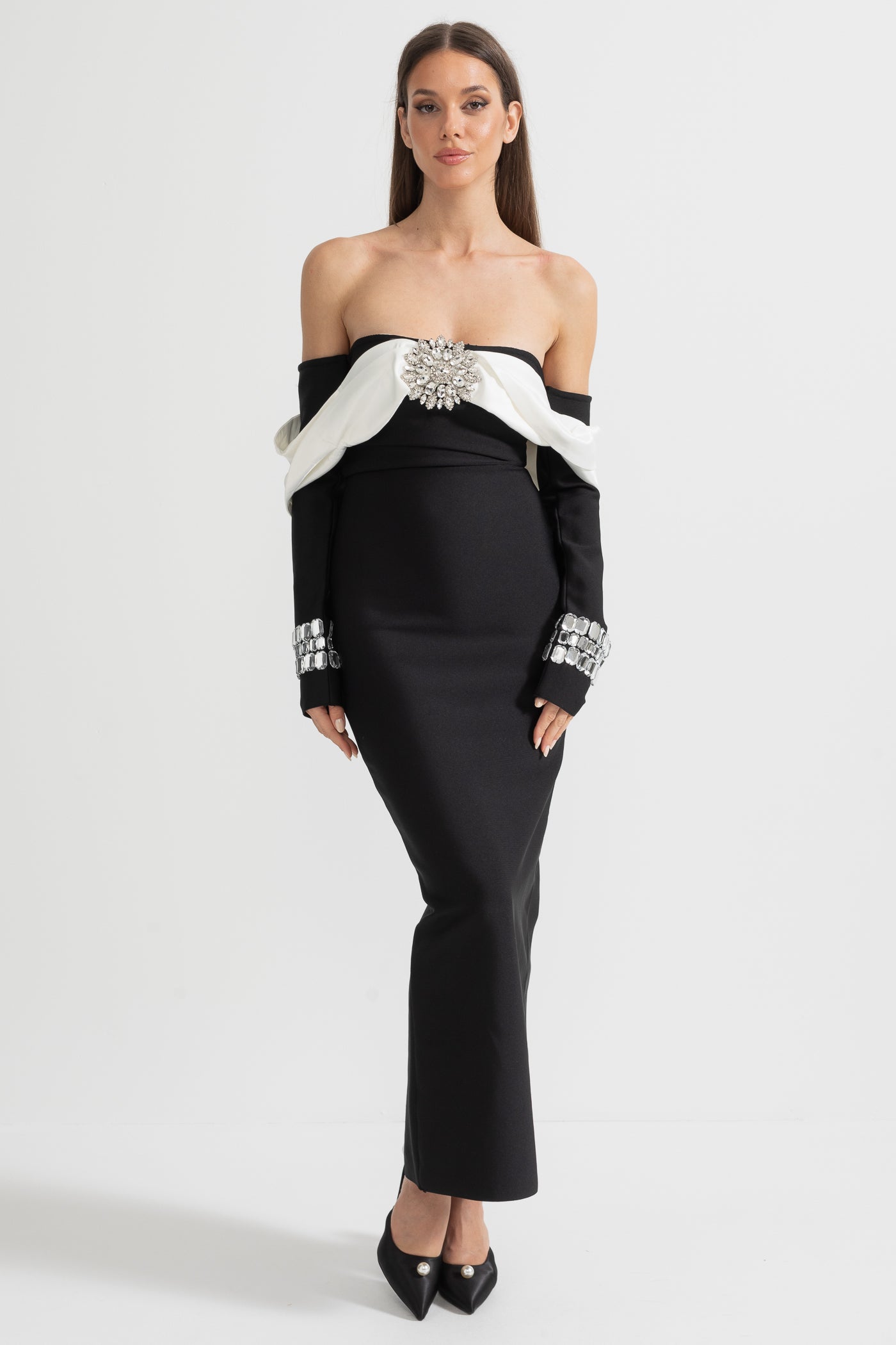 Elegant Off Shoulder Dress With Contrasting Bustier And Sparkling Embellishments - Black