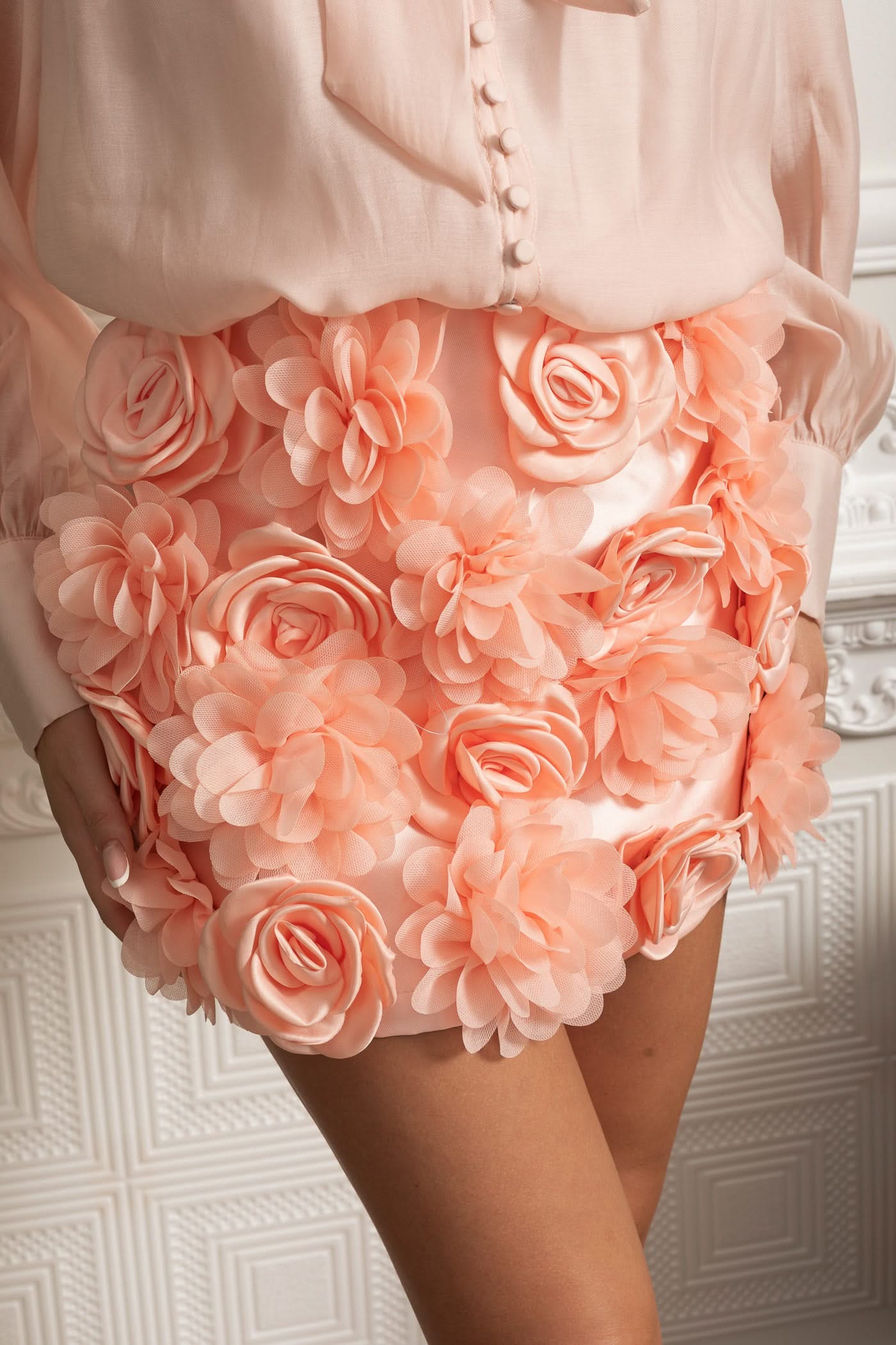 Co-ord Set With Oversized Bow Blouse And 3D Floral Mini Skirt - Peach