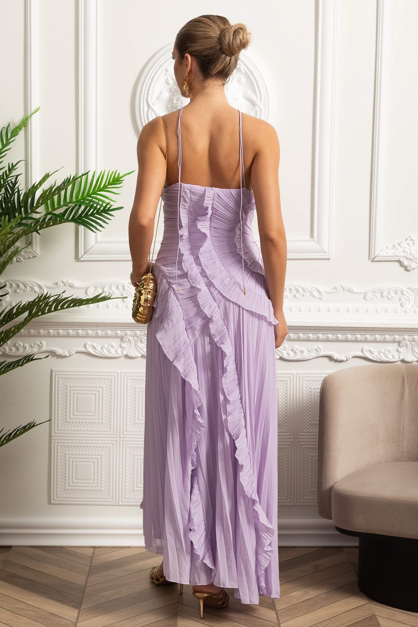 Pleated Halter Midi Dress With Cascading Ruffle Details - Lavender