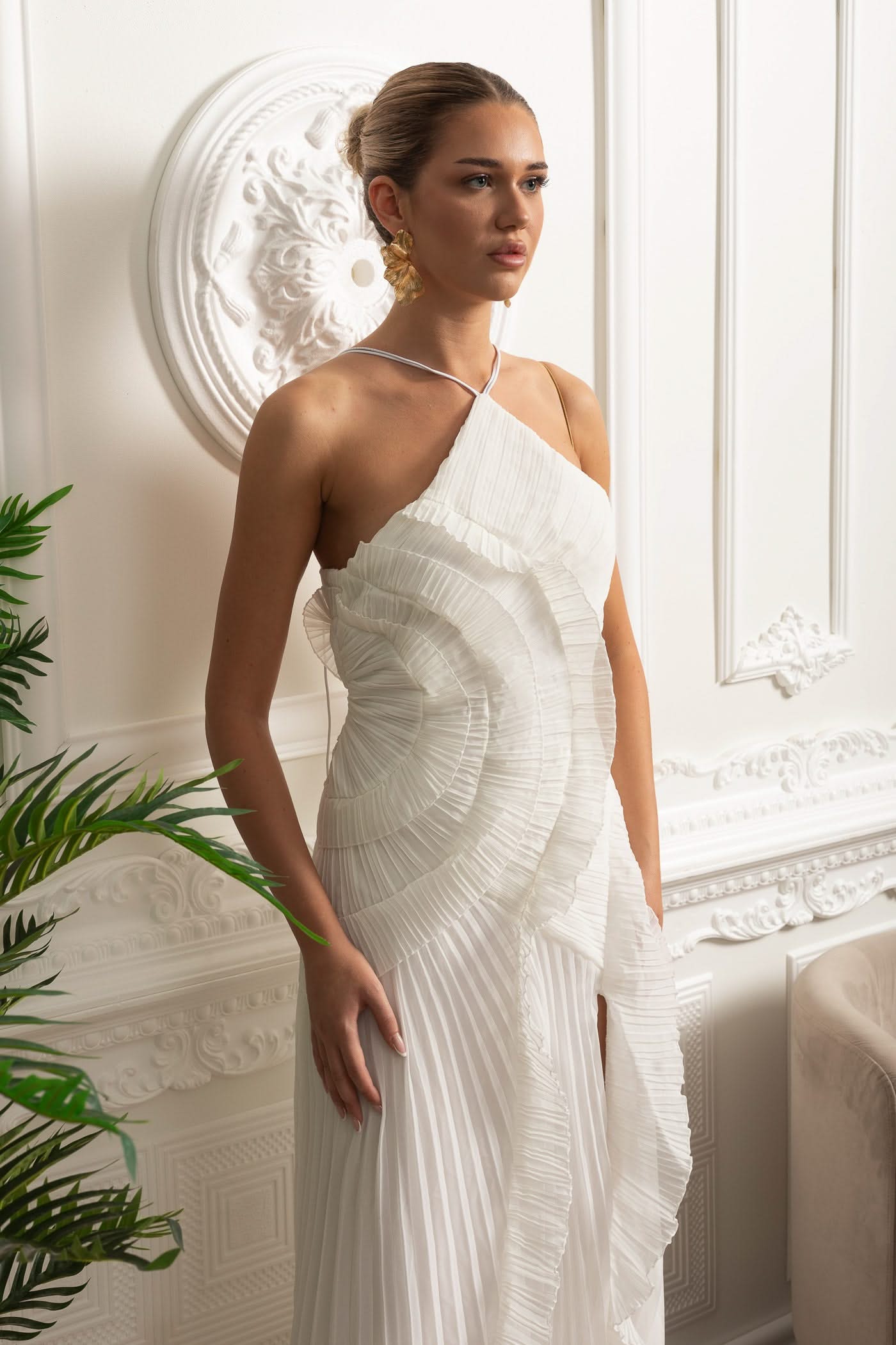 Pleated Halter Midi Dress With Cascading Ruffle Details - White