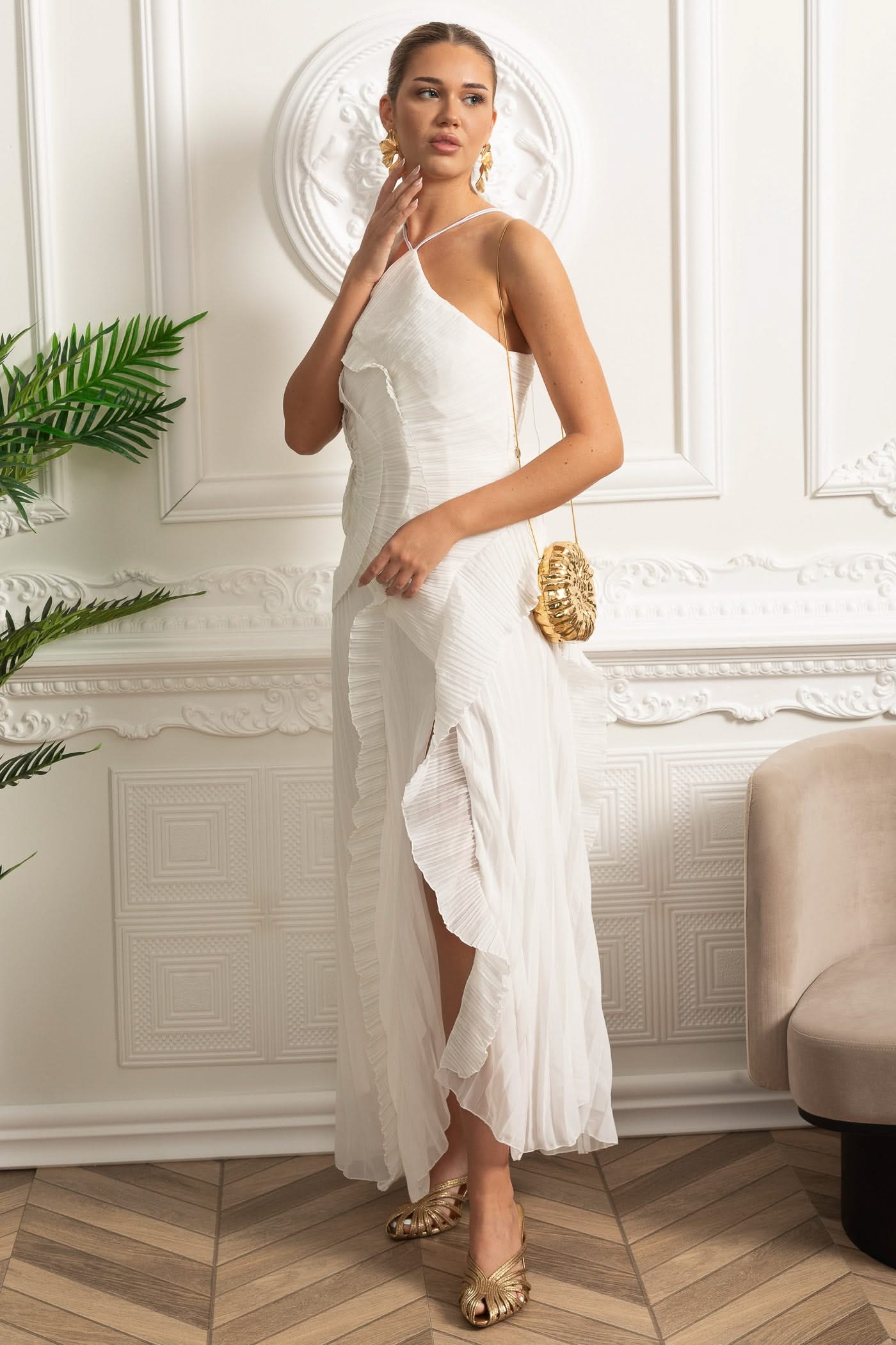Pleated Halter Midi Dress With Cascading Ruffle Details - White