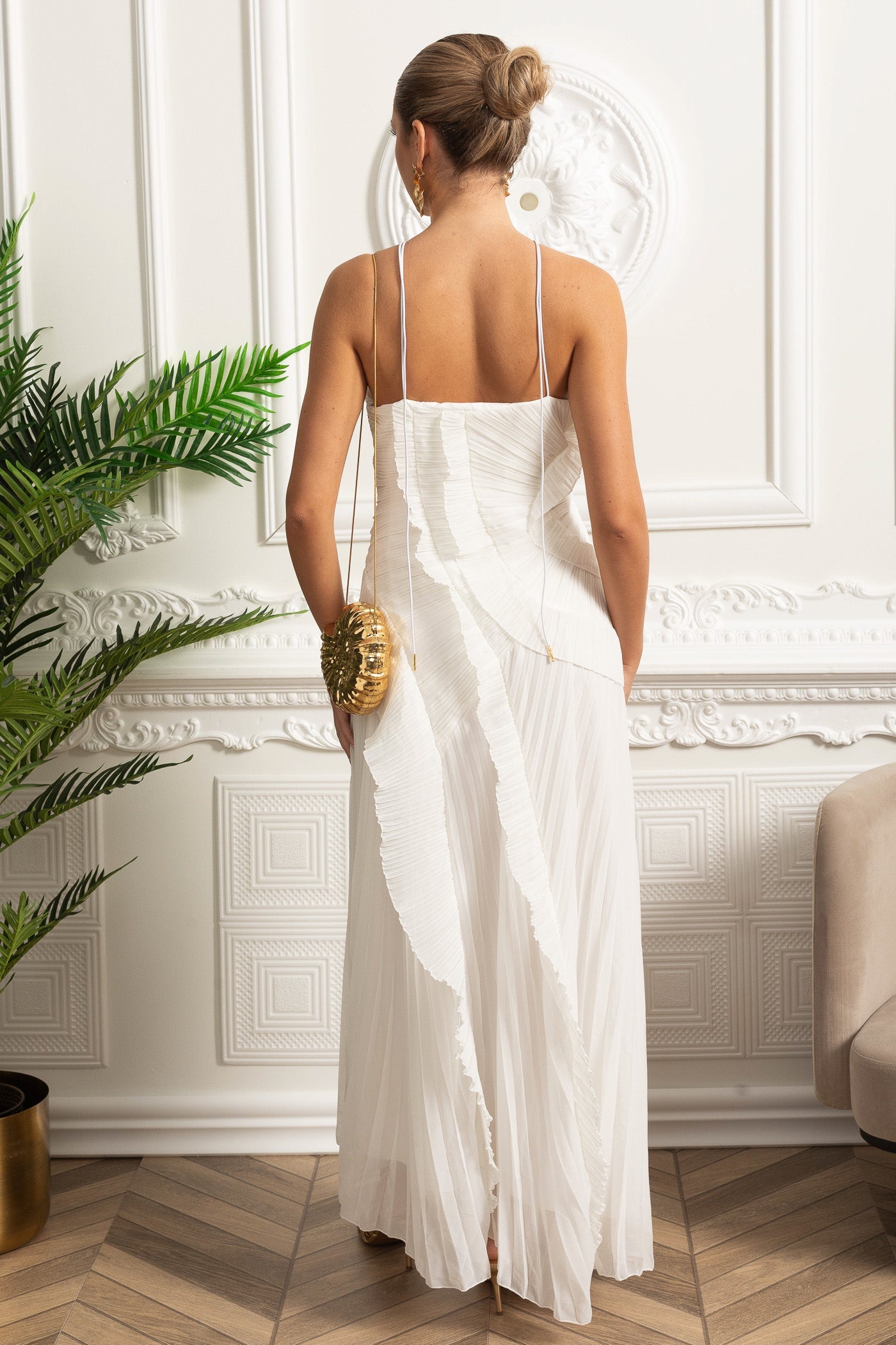 Pleated Halter Midi Dress With Cascading Ruffle Details - White