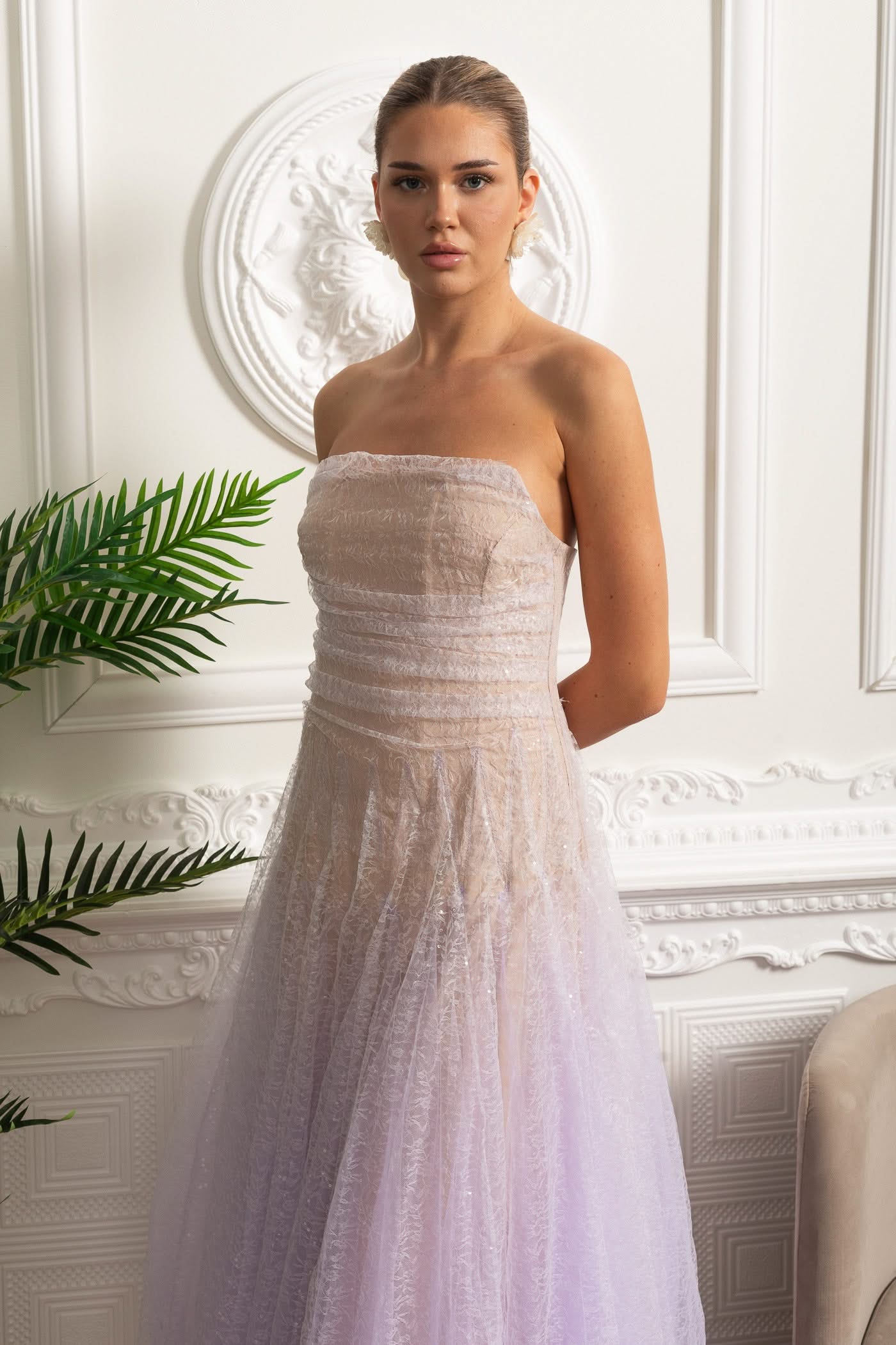 Strapless A-Line Midi Dress With Shimmery Textured Overlay - Lilac Gradient