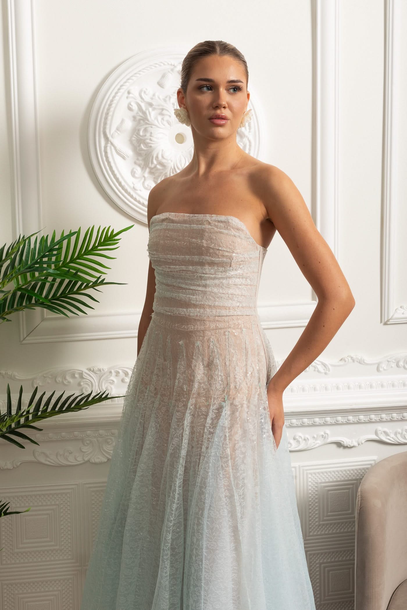 Strapless A-Line Midi Dress With Shimmery Textured Overlay - Turquoise Gradient