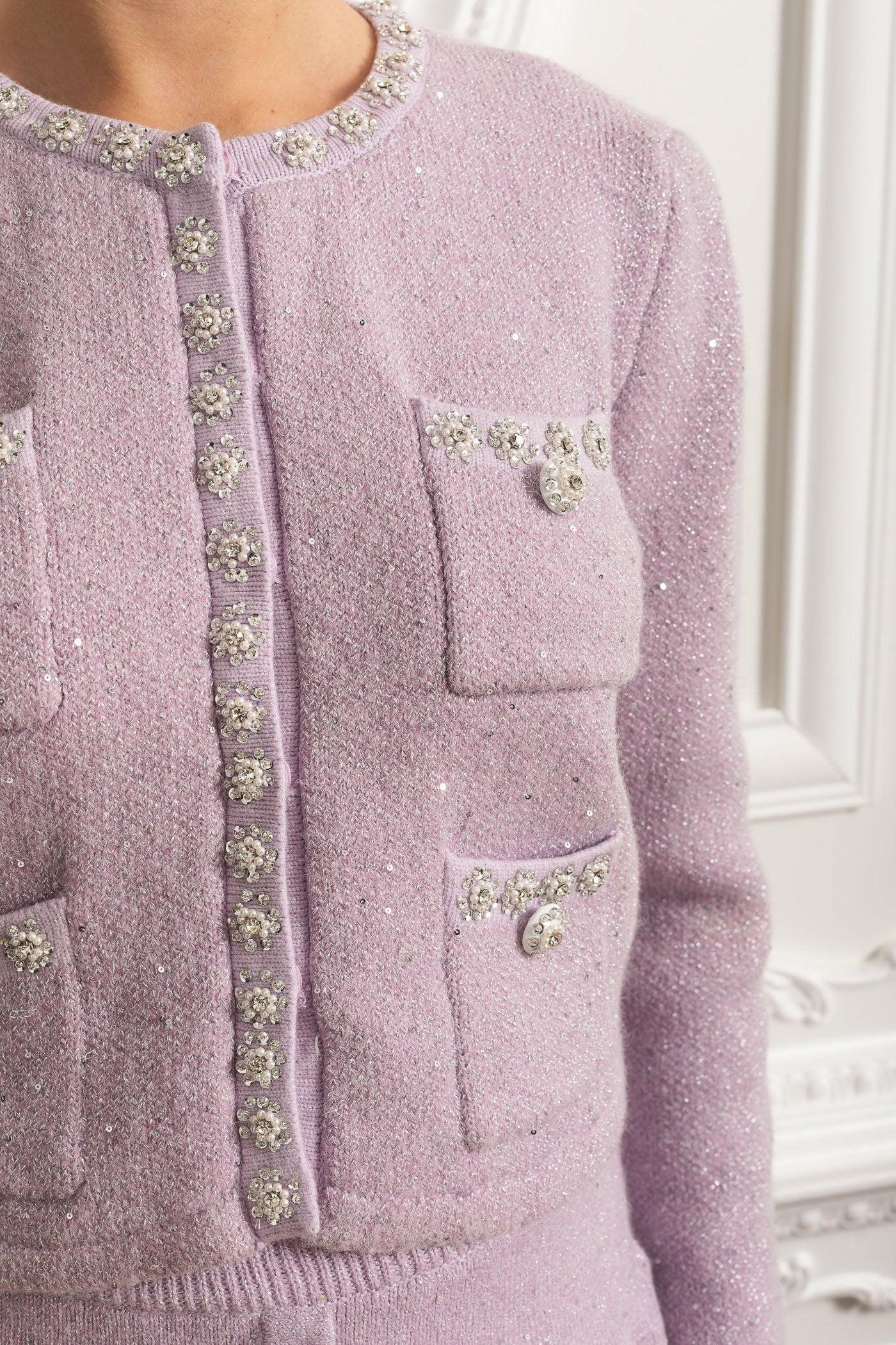 Embellished Knit Cardigan & Pleated Mini Skirt Co-ord Set - Lilac