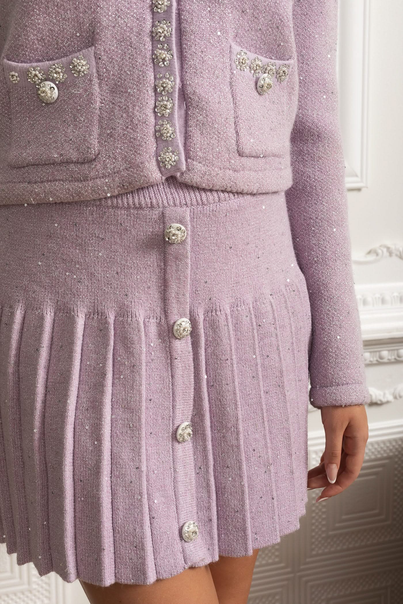 Embellished Knit Cardigan & Pleated Mini Skirt Co-ord Set - Lilac