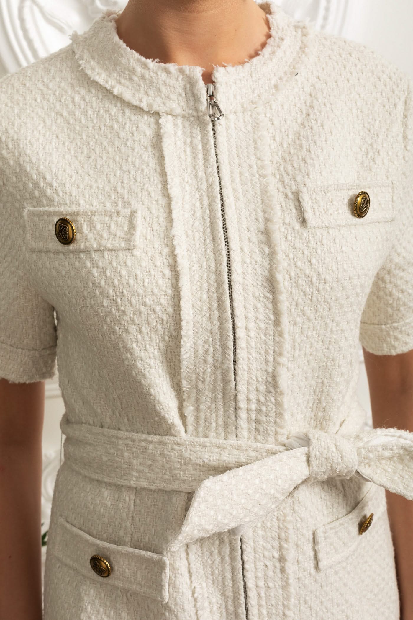 Bouclé Mini Dress With Belted Waist And Pleated Hem - Ivoire