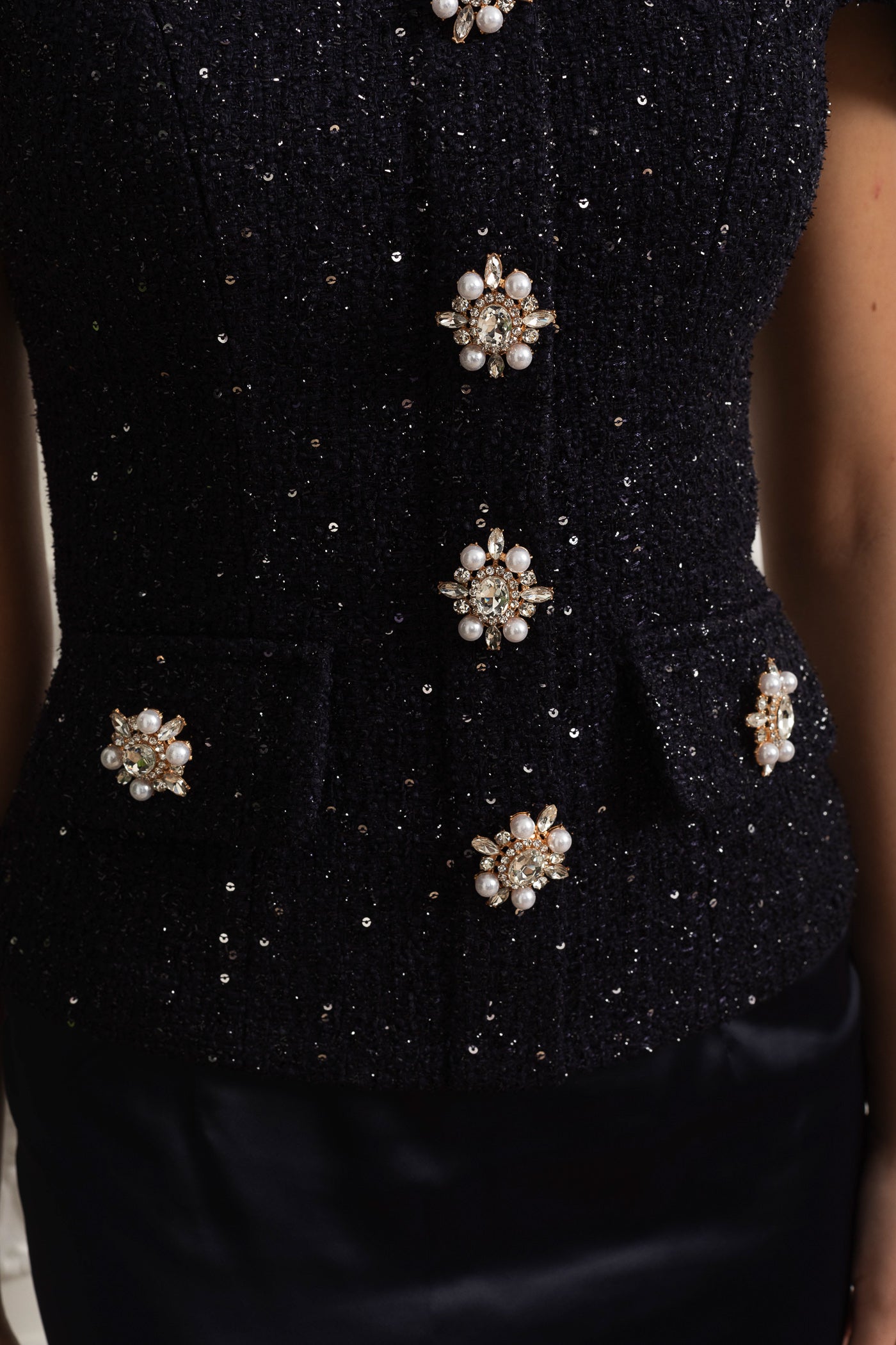Co-Ord Set with Tweed Embellished Top and Satin Maxi Skirt - Navy
