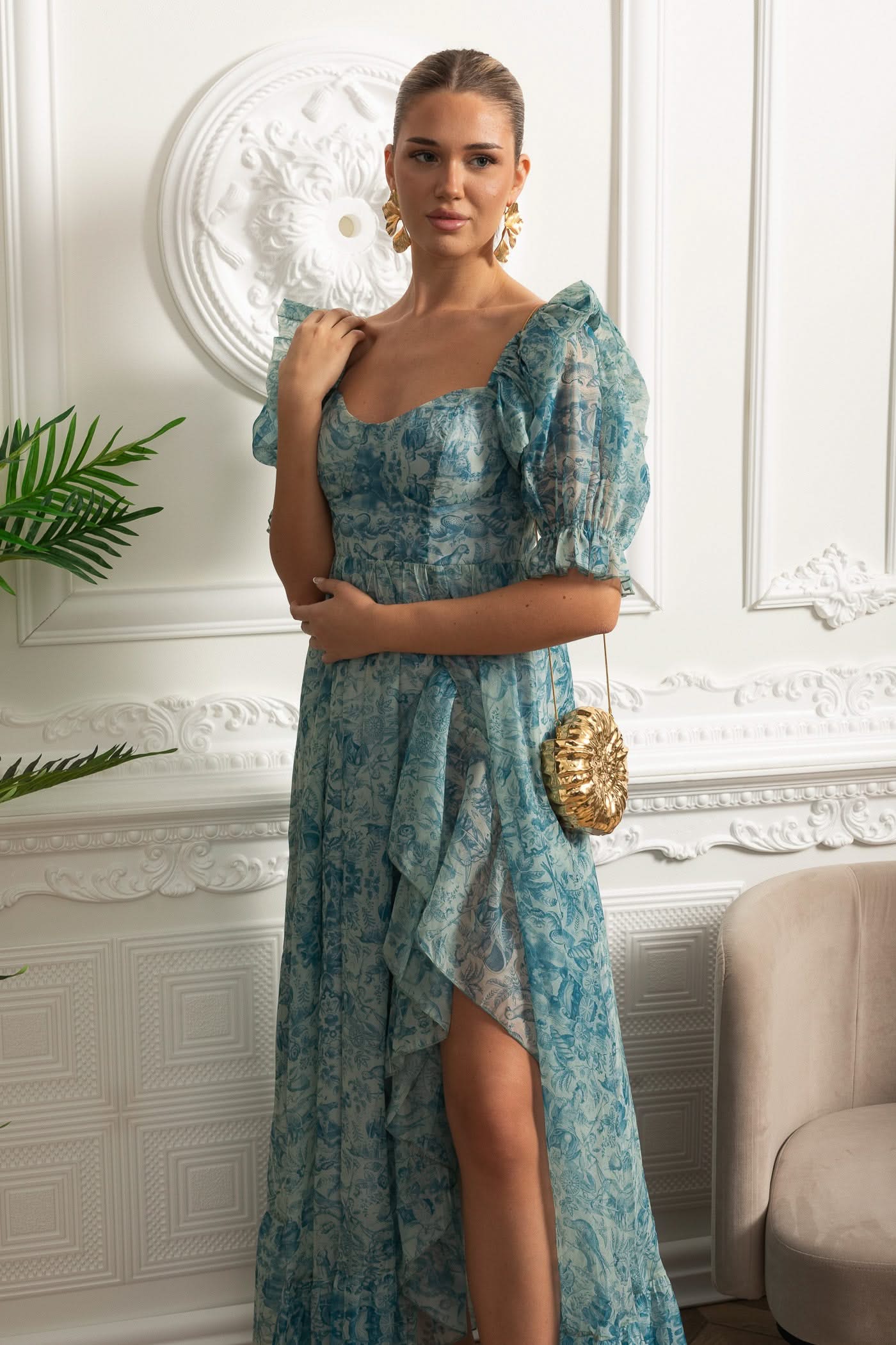 Printed Maxi Dress With Puff Sleeves And Front Slit - Blue