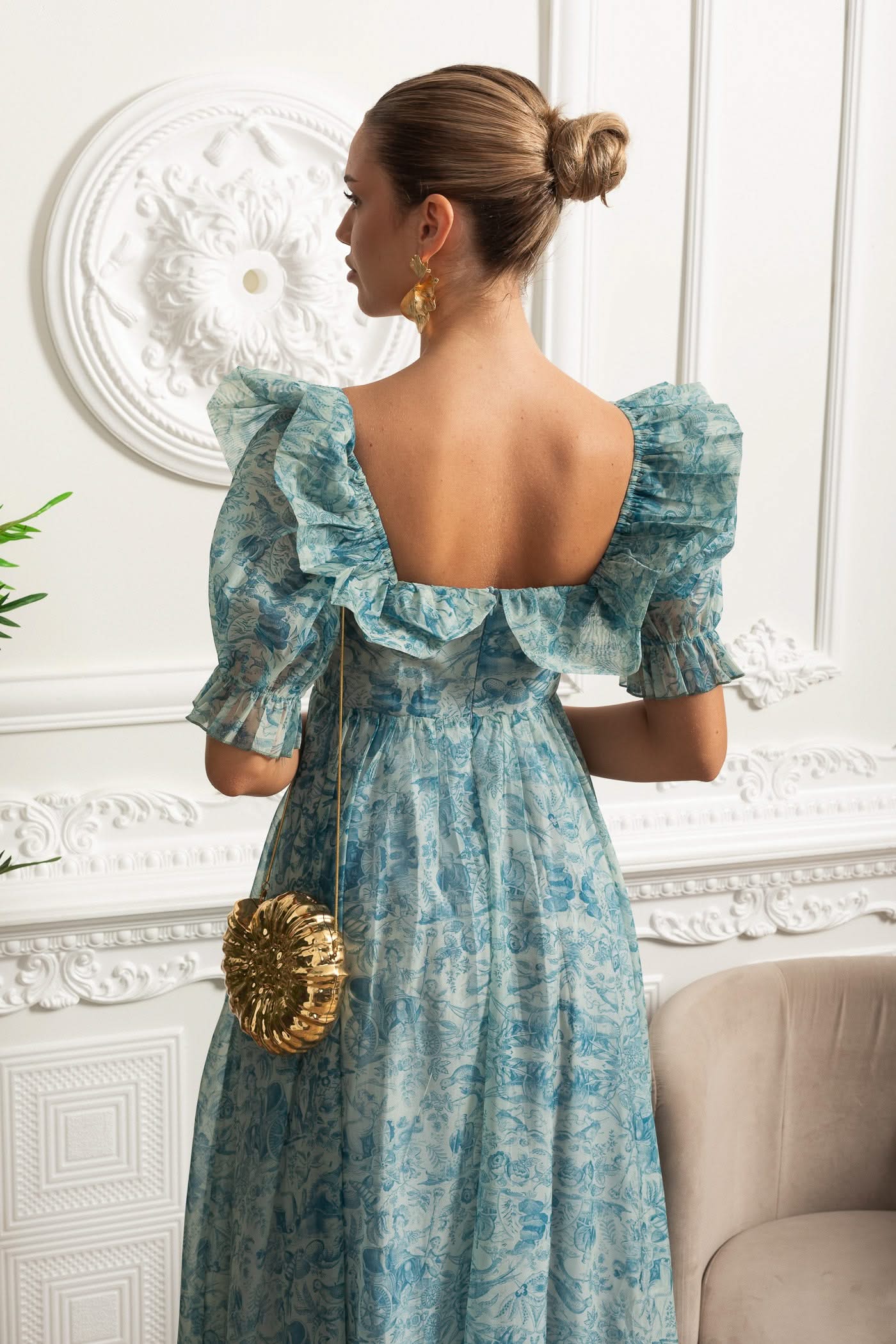 Printed Maxi Dress With Puff Sleeves And Front Slit - Blue