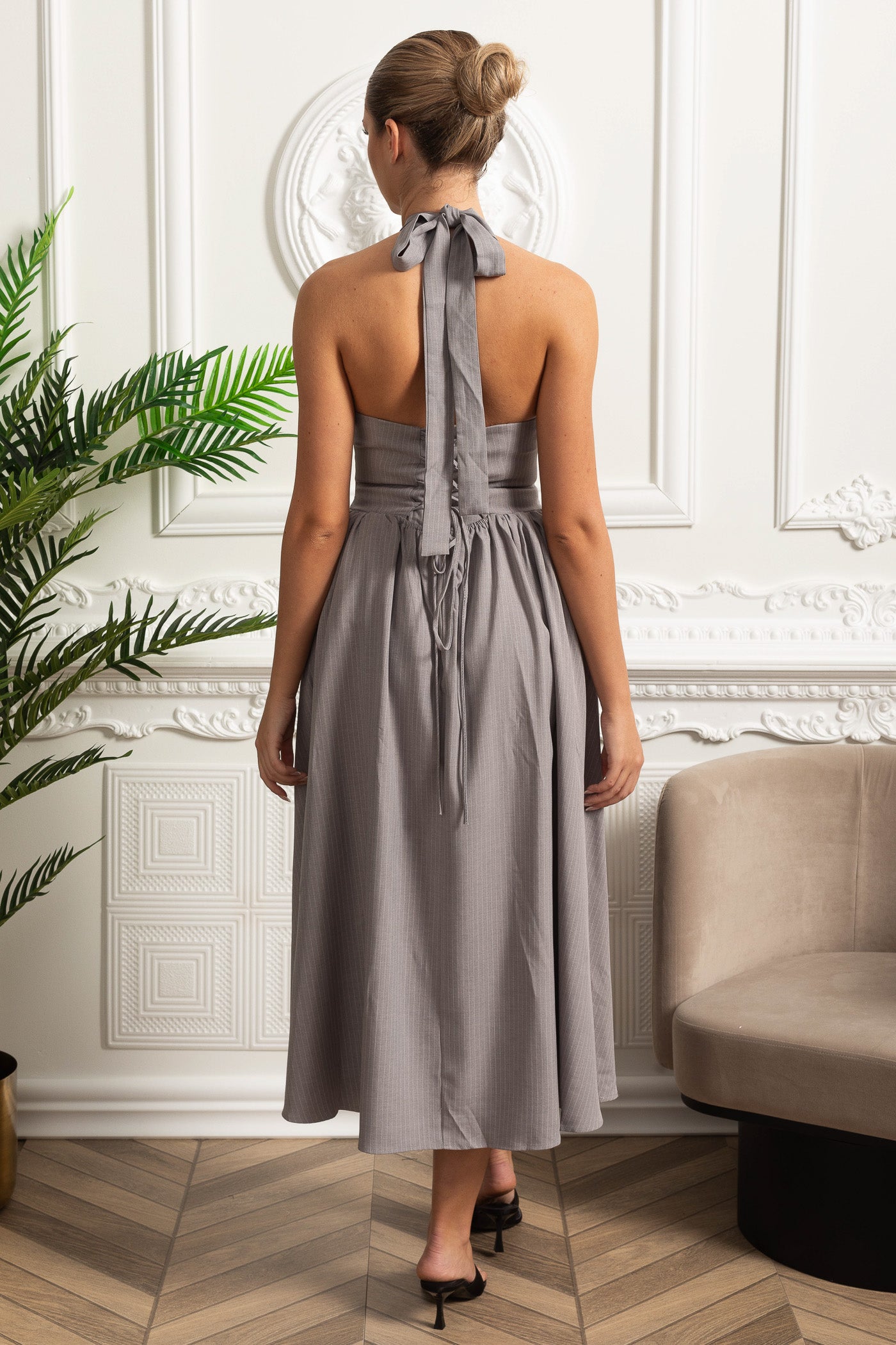 Halterneck Midi Dress With Bow Detail And Gathered Skirt - Gray