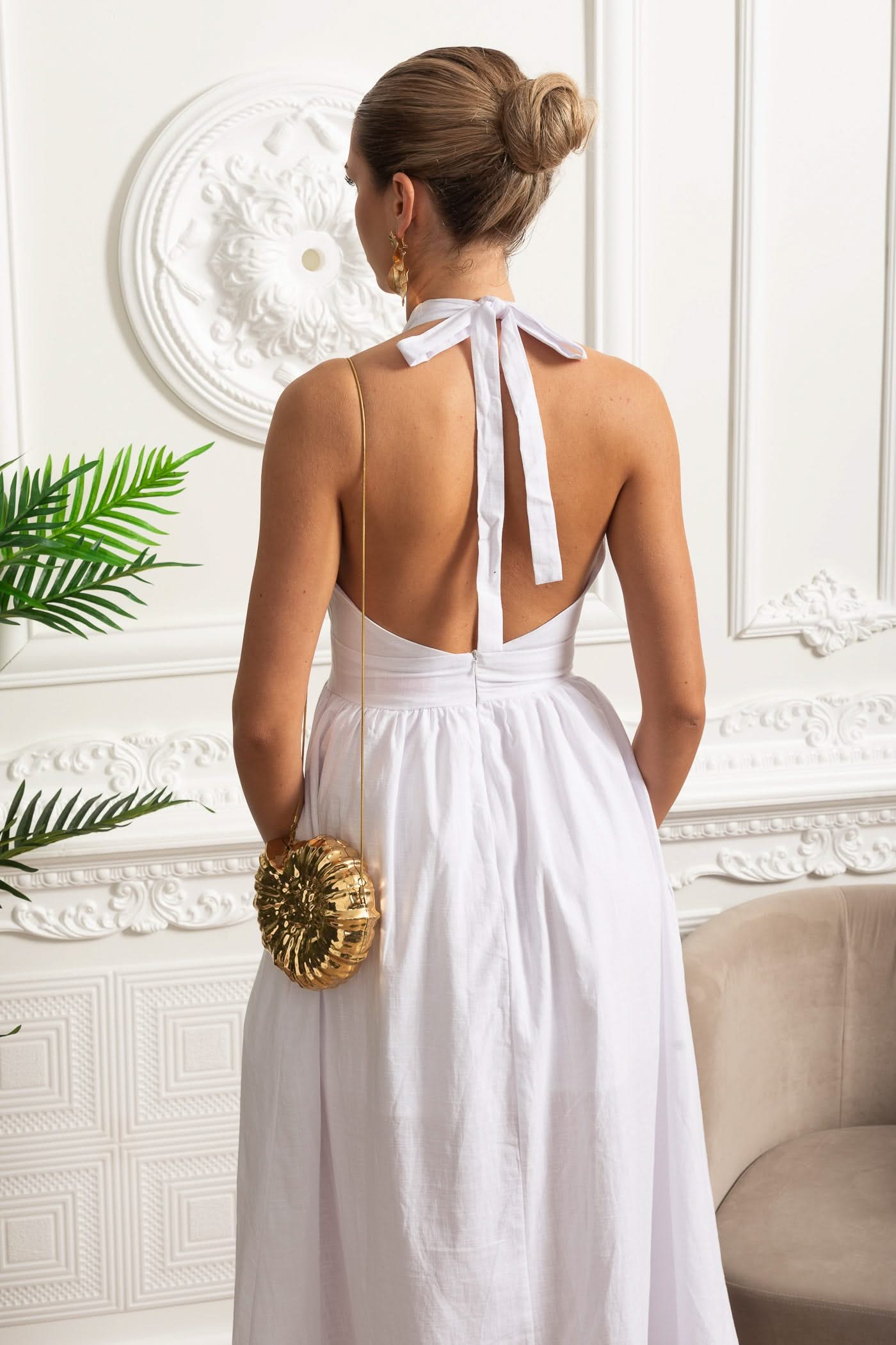 Halterneck Midi Dress With A-line Gathered Skirt - White