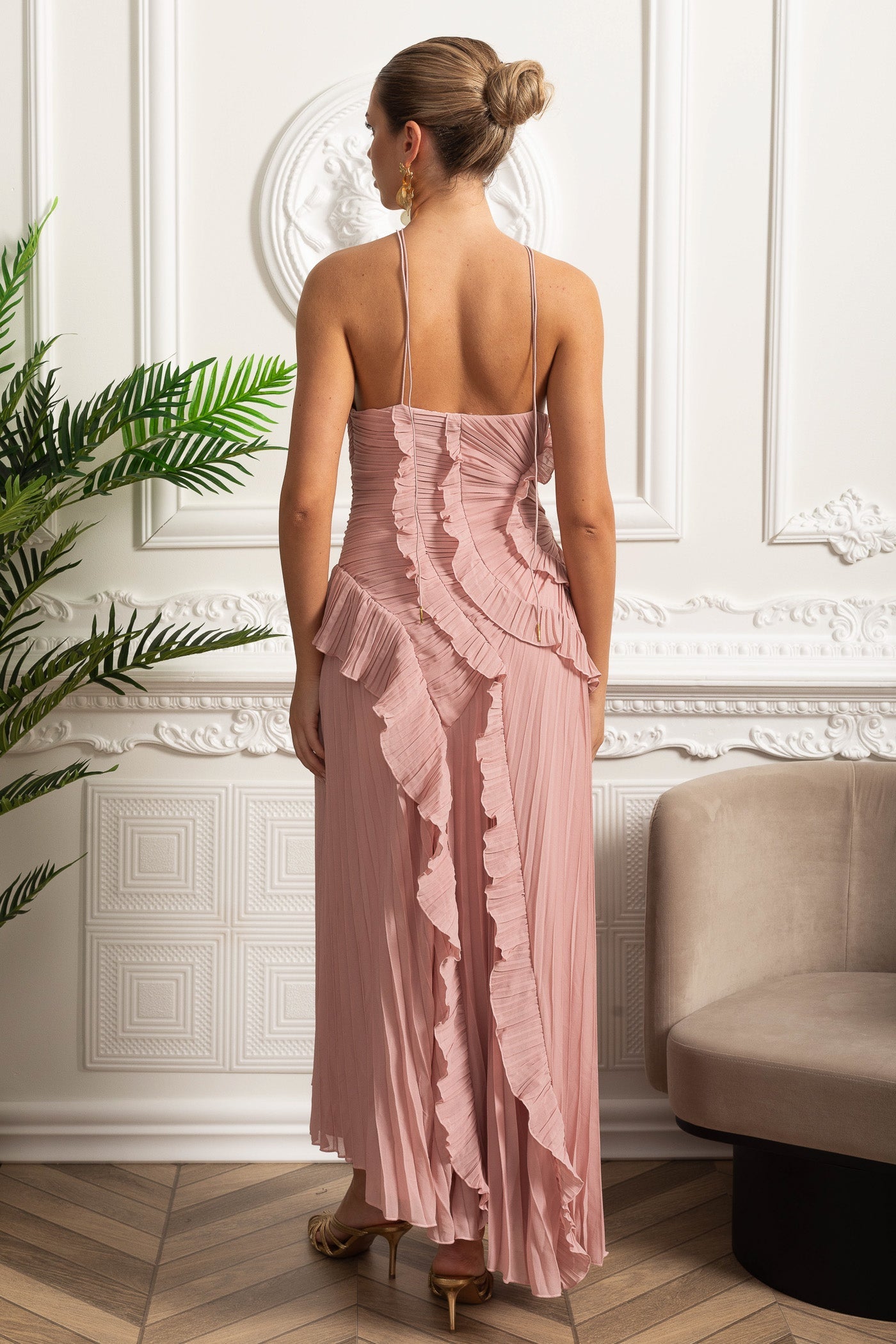 Pleated Halter Midi Dress With Cascading Ruffle Details - Pink