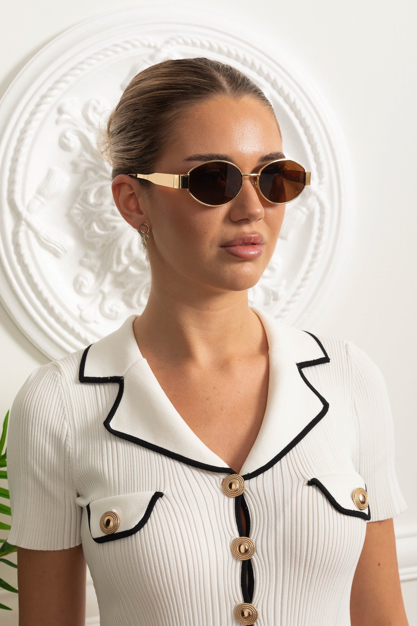 Oval Frame Sunglasses with Engraved Wide Gold Temples – Brown