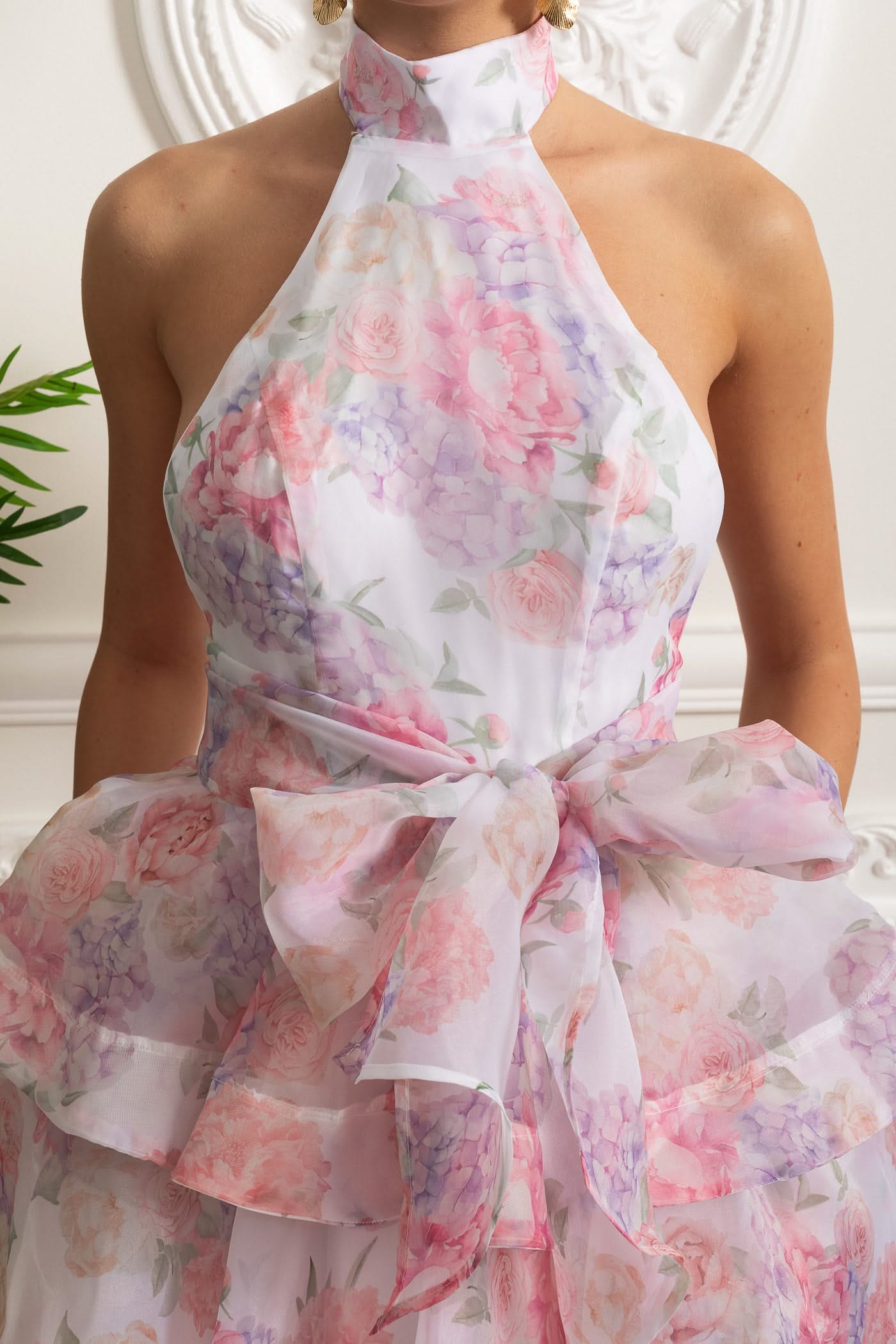 Floral Halterneck Ruffle Mini Dress - Pink