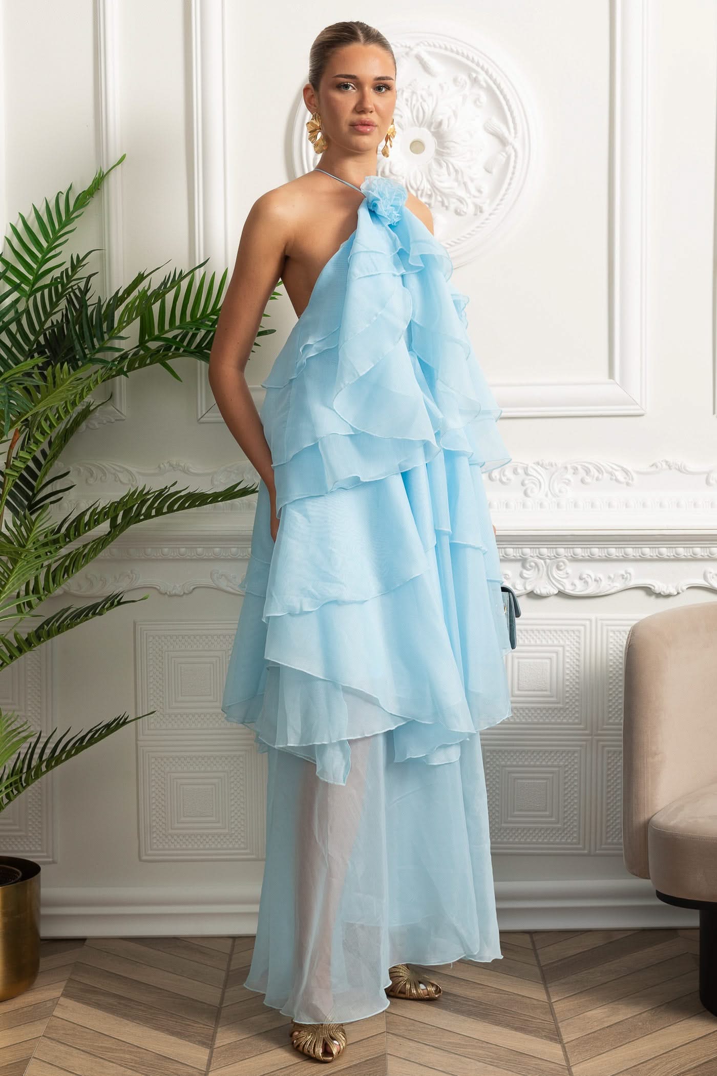 Halter Tiered Ruffle Maxi Dress - Sky Blue