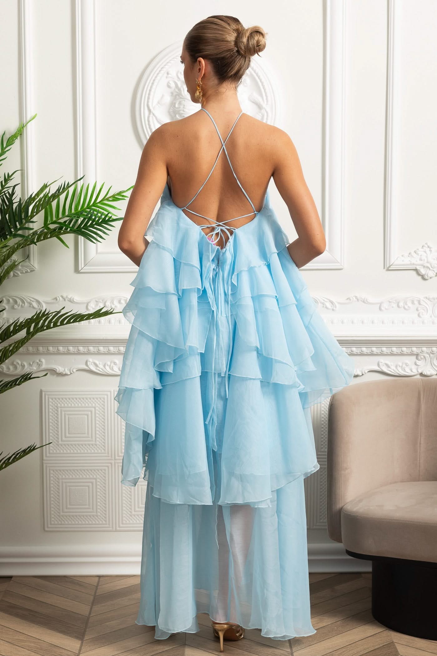 Halter Tiered Ruffle Maxi Dress - Sky Blue