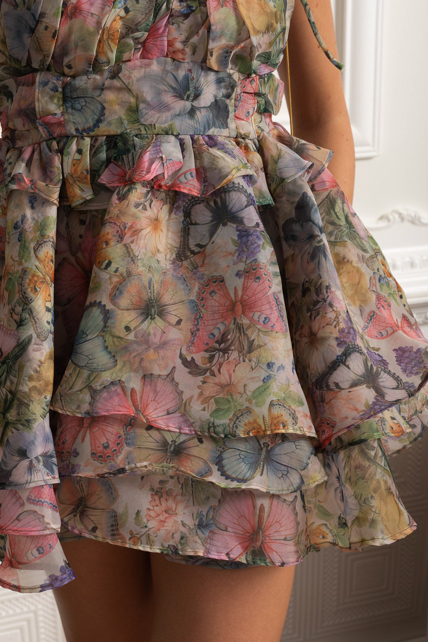 Printed Ruffled Mini Dress with Corset Back - Multicolor/Butterfly