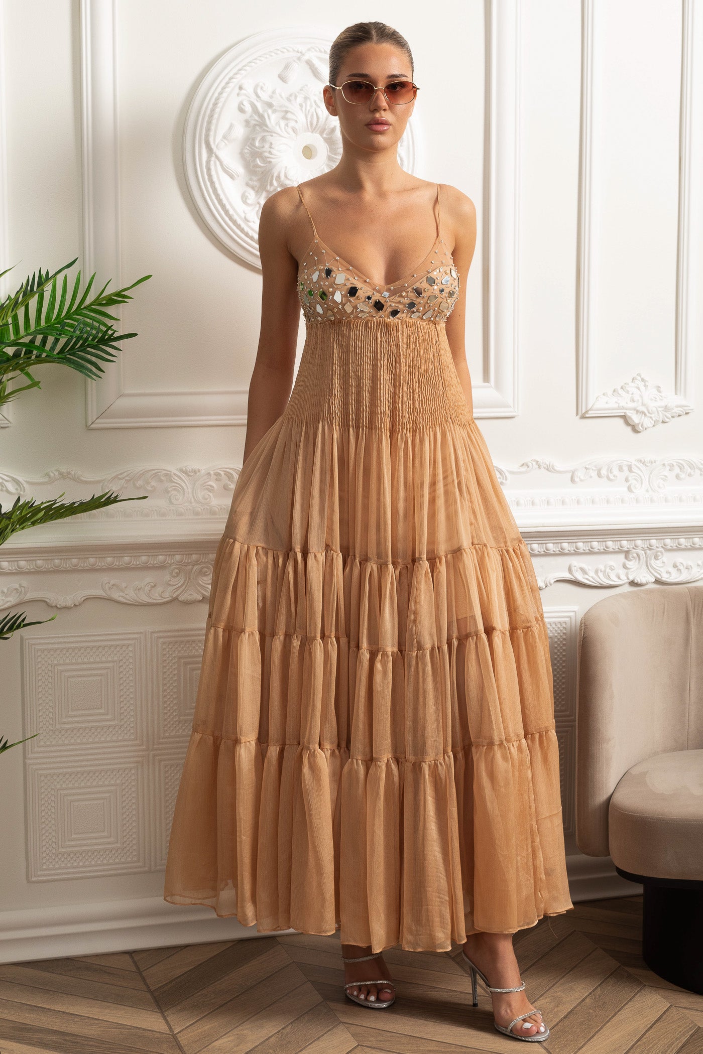 Tiered Maxi Dress with Fitted Bust and Reflective Accents - Beige