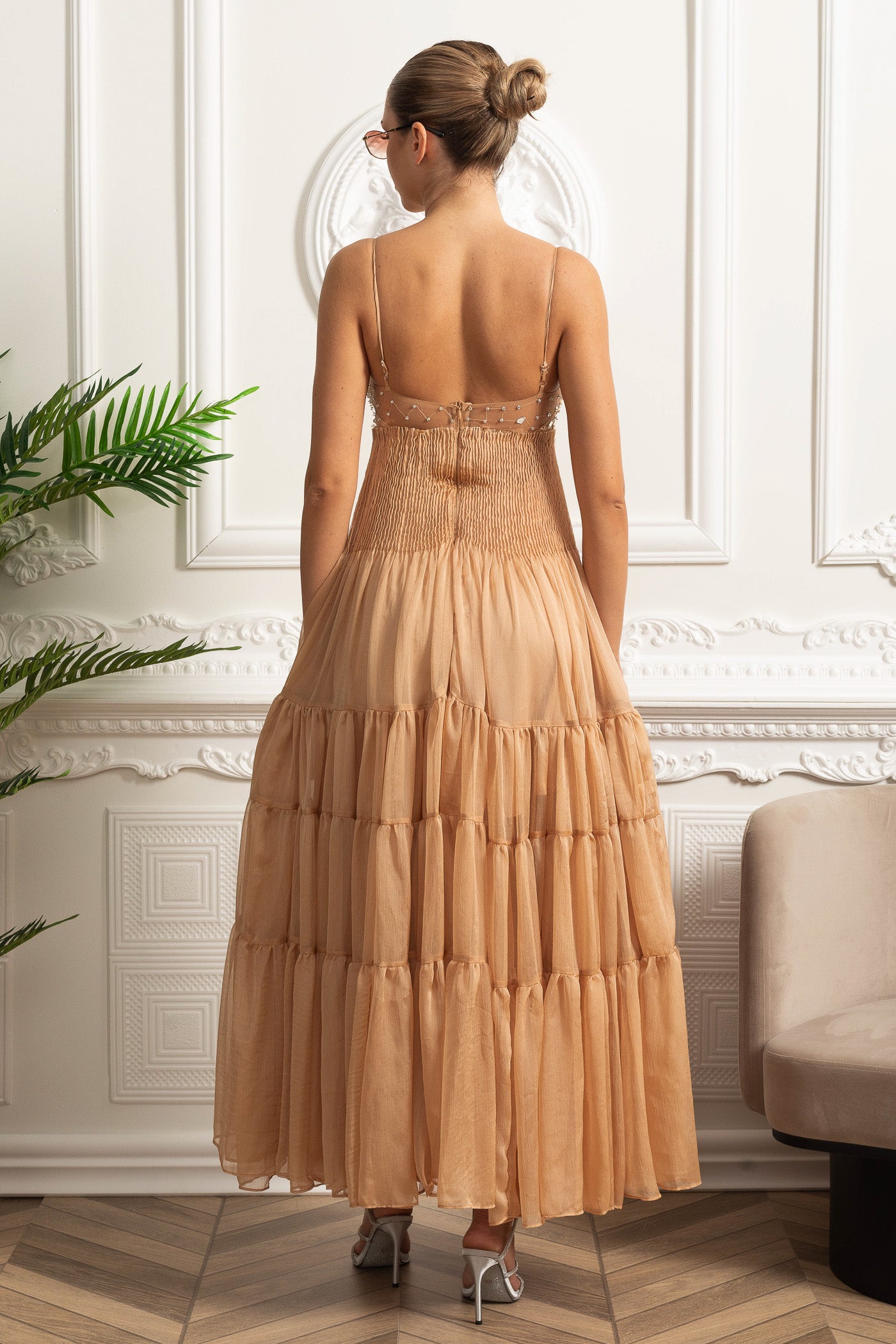 Tiered Maxi Dress with Fitted Bust and Reflective Accents - Beige