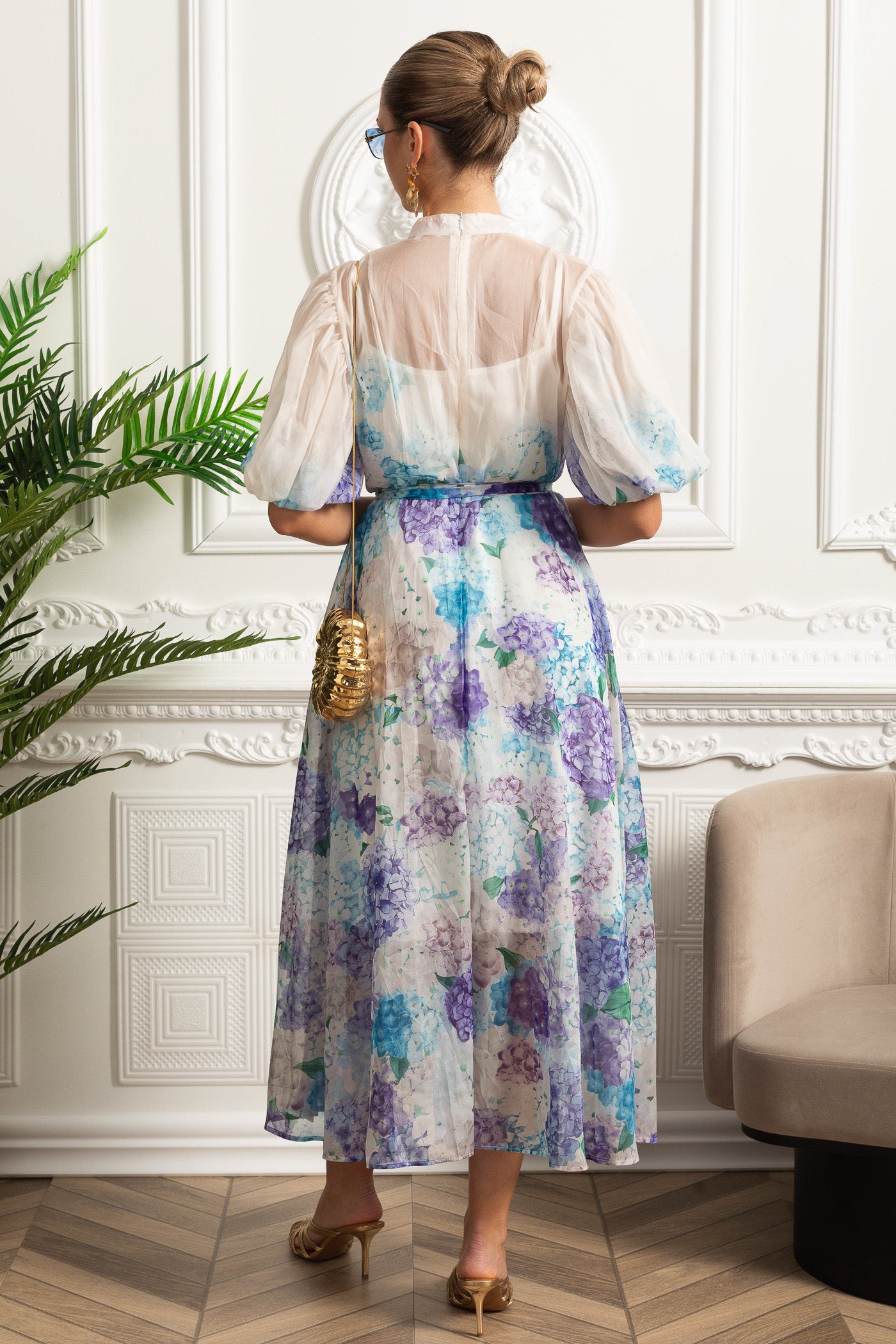 Sheer Silk Midi Shirt Dress with Botanical Motif and Tie Belt - White/Blue