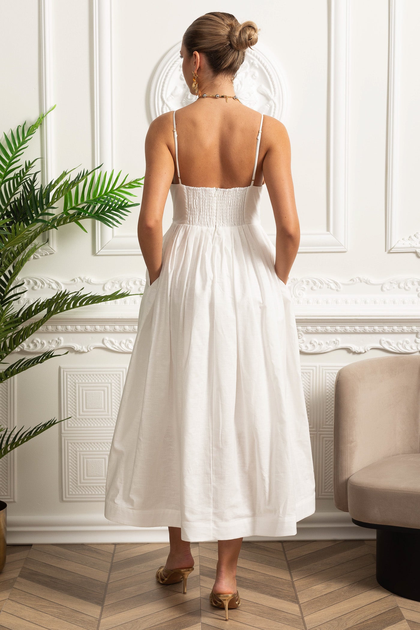 Ruched Bodice Strappy Midi Dress with Smocked Back and Gathered Skirt- White