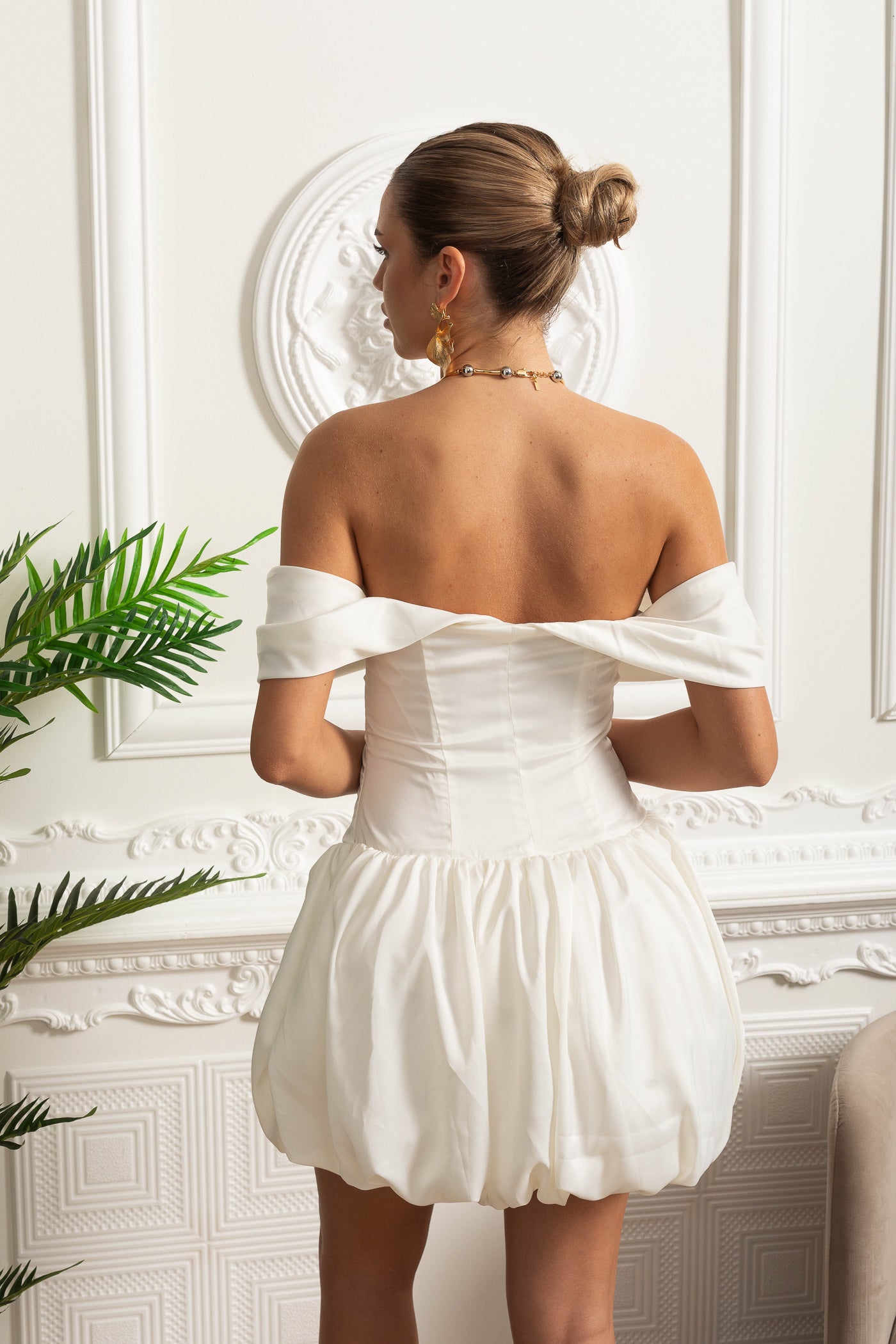 Sculpted Bodice Satin Dress with Draped Sleeves and Voluminous Hem - White