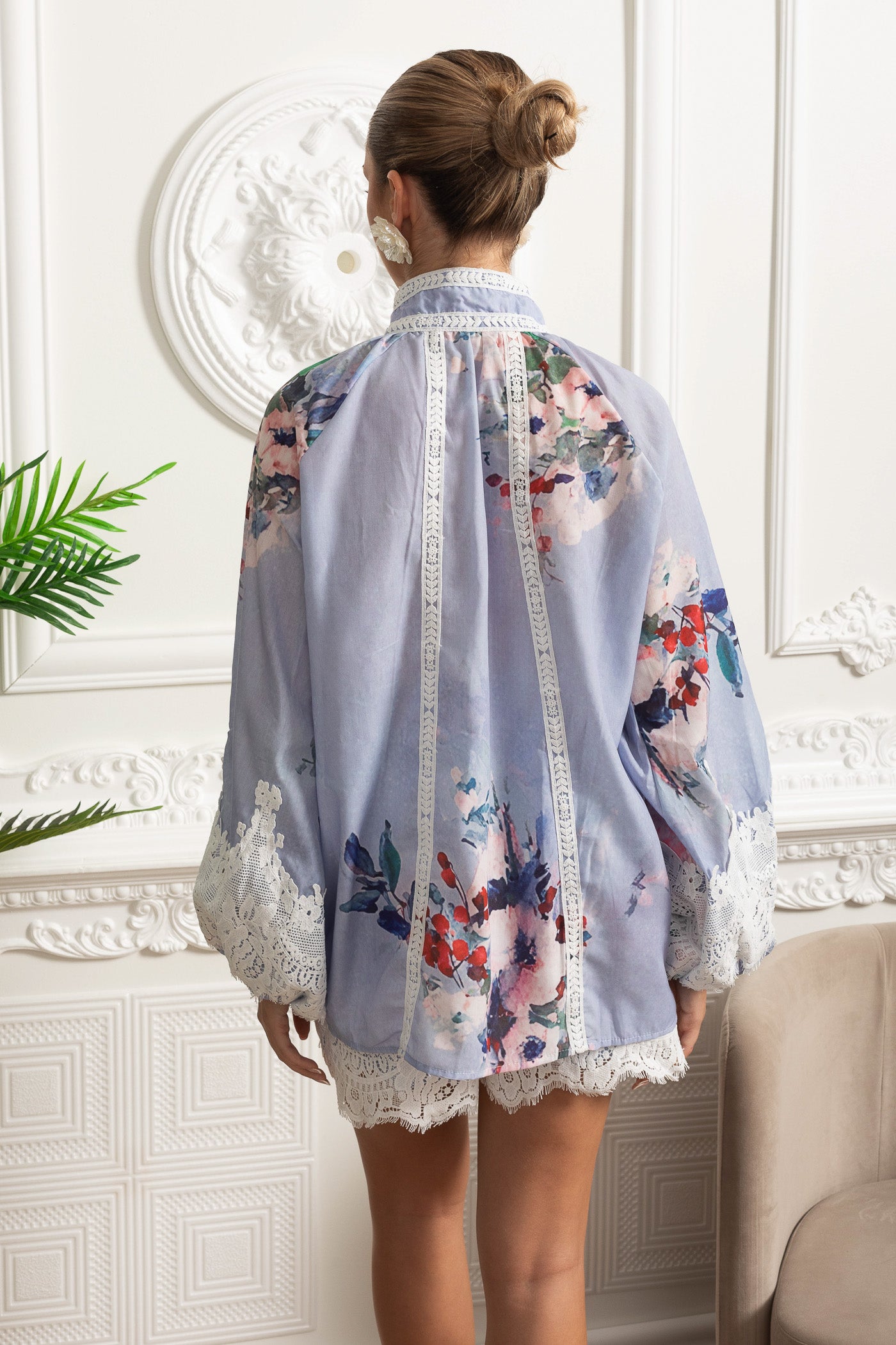 Floral Romper with Lace Insets and Statement Belt - Powder Blue