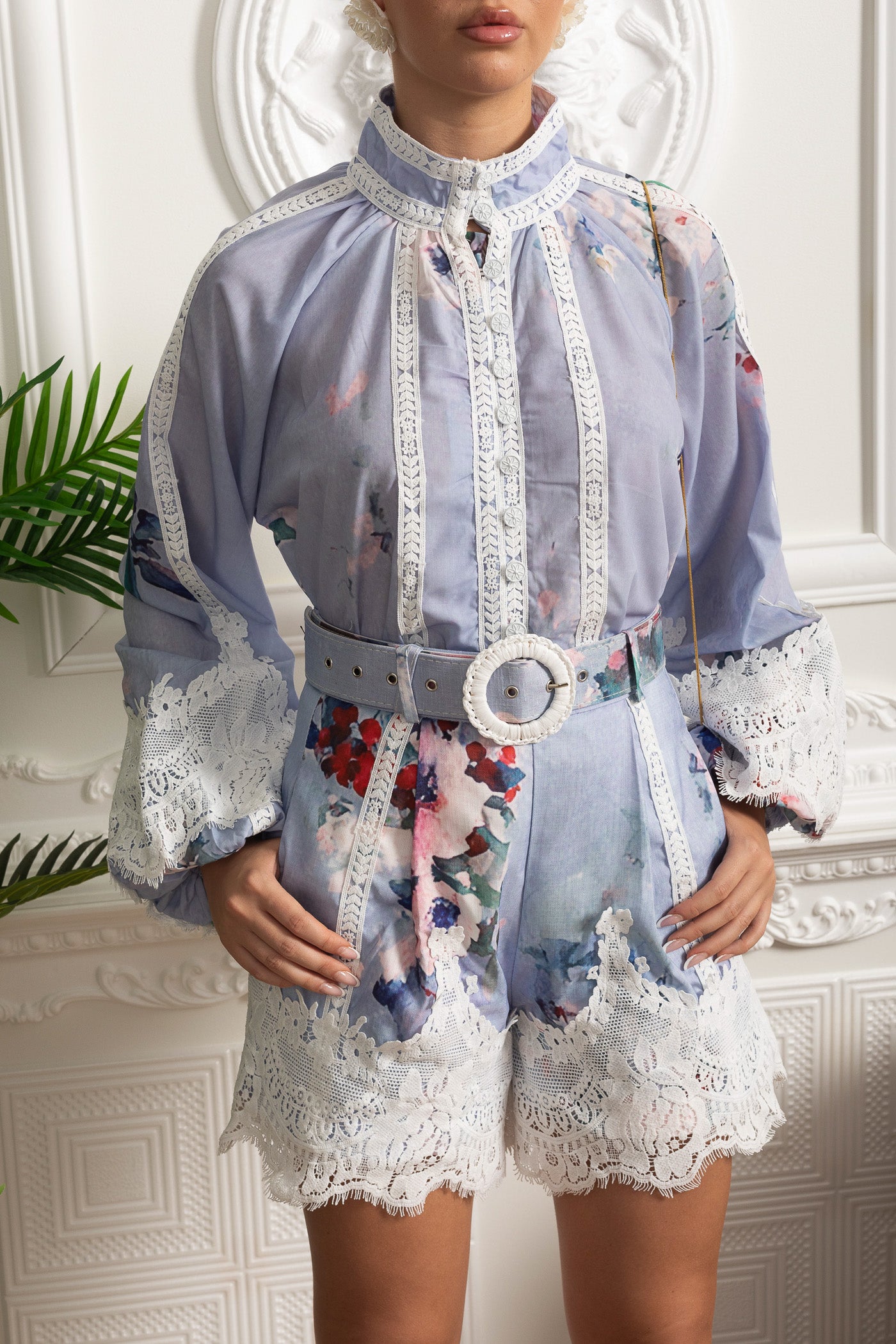 Floral Romper with Lace Insets and Statement Belt - Powder Blue