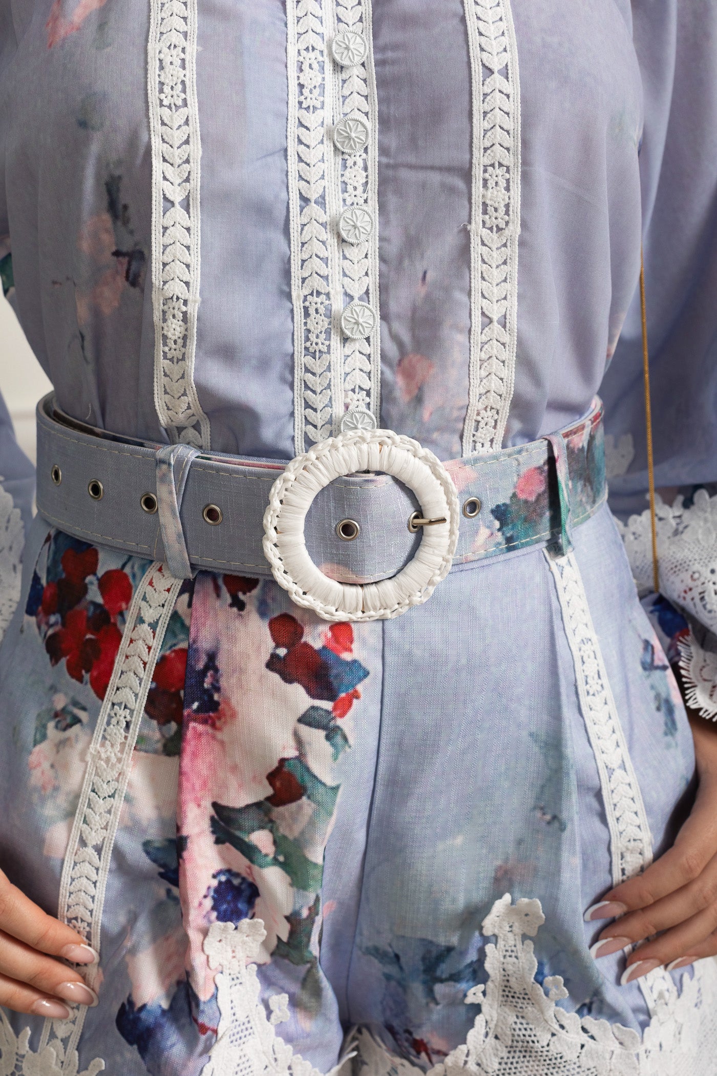 Floral Romper with Lace Insets and Statement Belt - Powder Blue