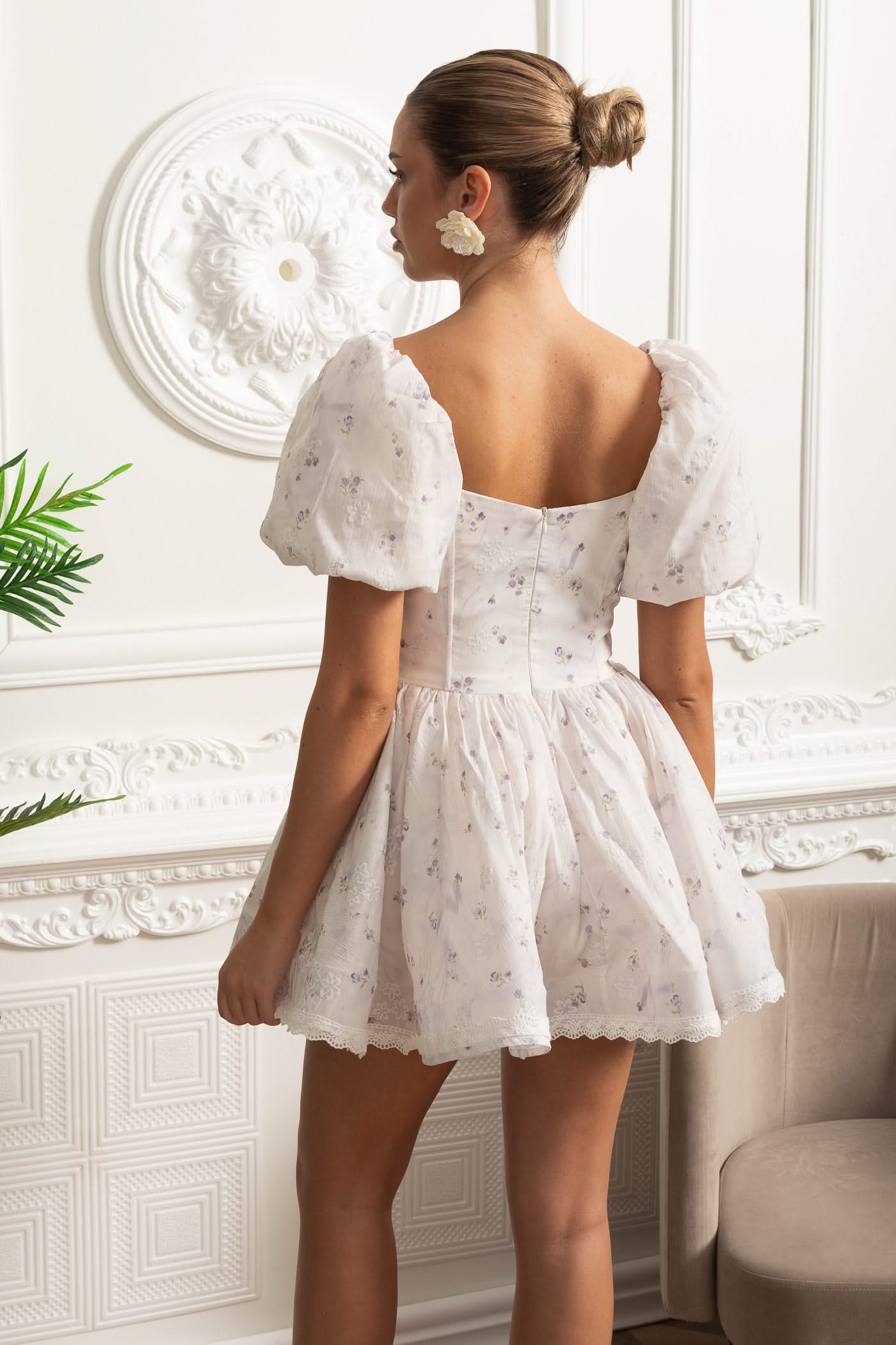 Floral Mini Dress With Puff Sleeves And 3D Rose Detail - White/Purple