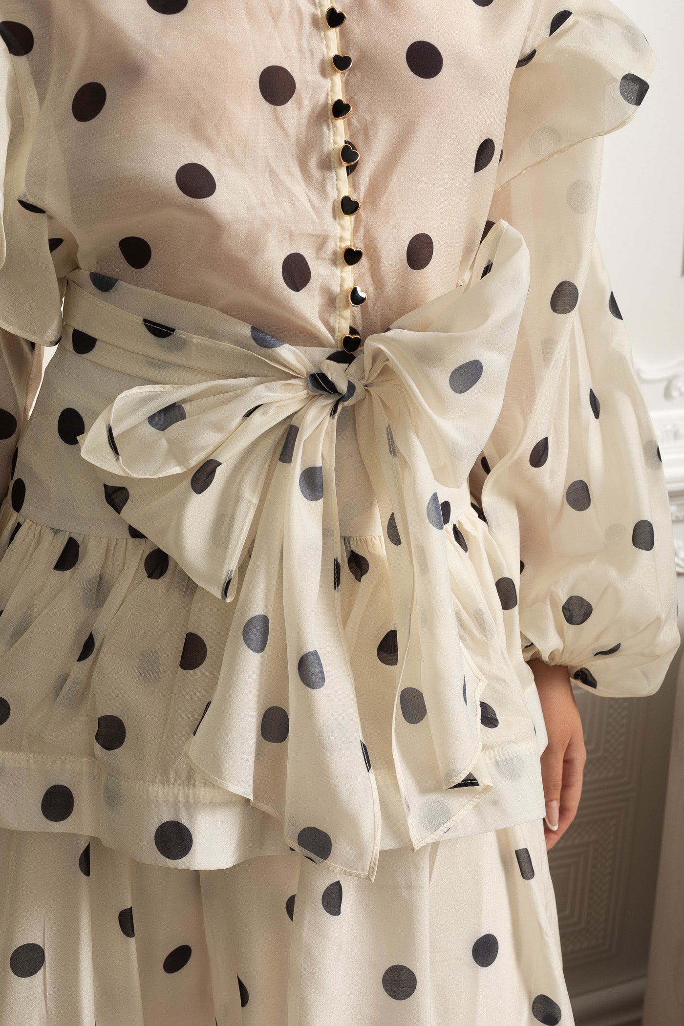 Polka Dot Maxi Dress with Voluminous Sleeves and Statement Waist Bow - Ivoire