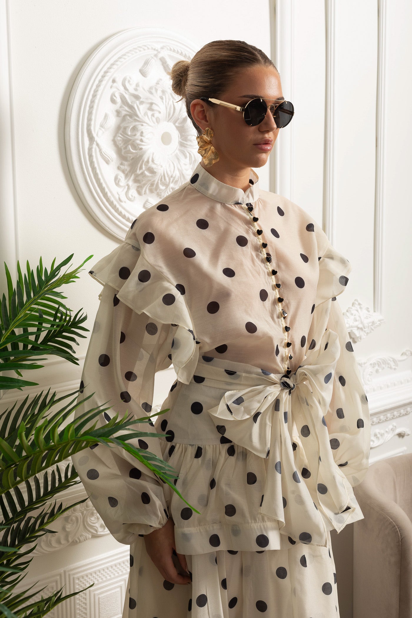 Polka Dot Maxi Dress with Voluminous Sleeves and Statement Waist Bow - Ivoire