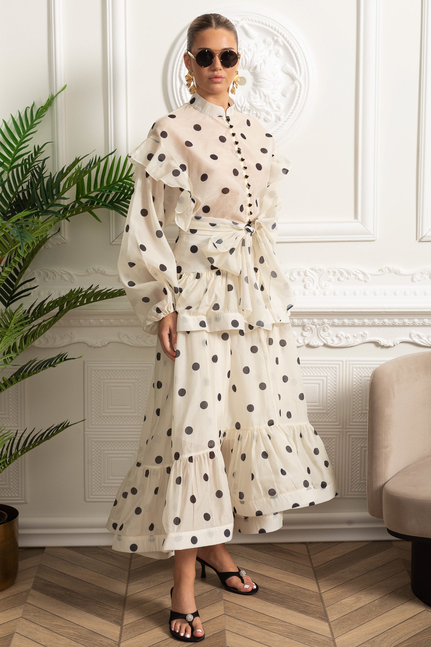 Polka Dot Maxi Dress with Voluminous Sleeves and Statement Waist Bow - Ivoire