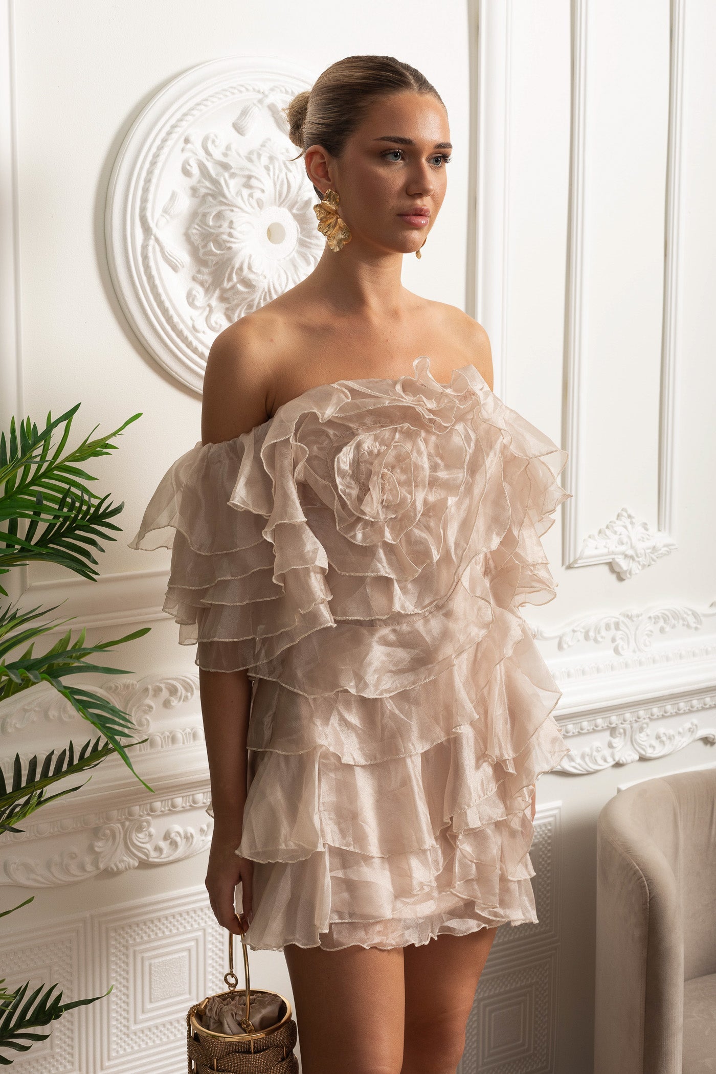 Organza Off-Shoulder Mini Dress With Ruffled Rosette Detail - Ivoire