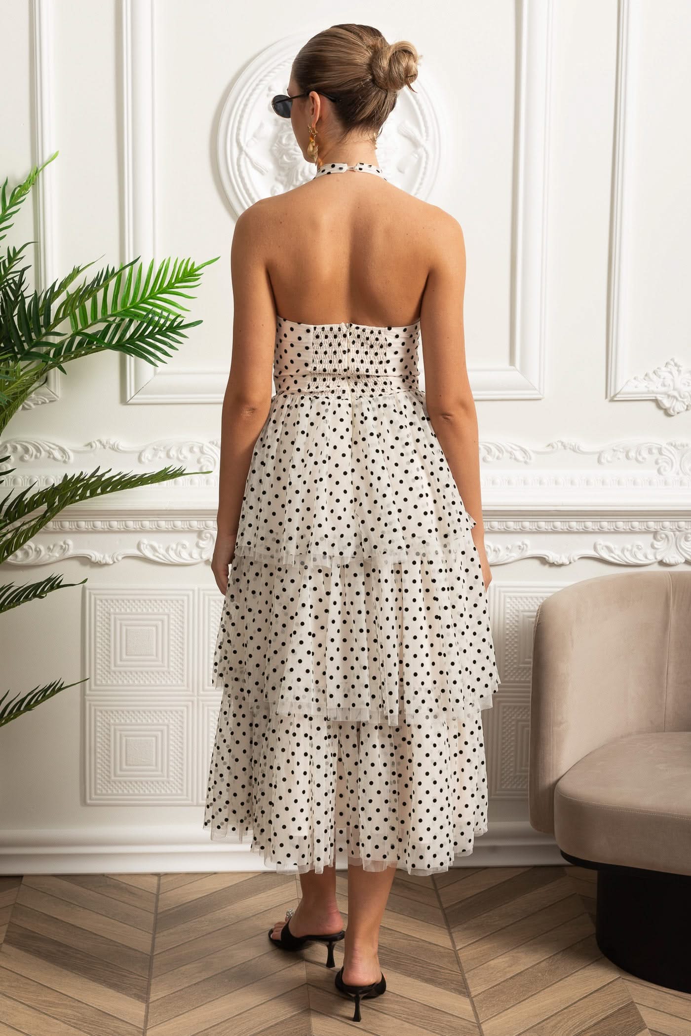 Polka Dot Halterneck Tiered Midi Dress - White