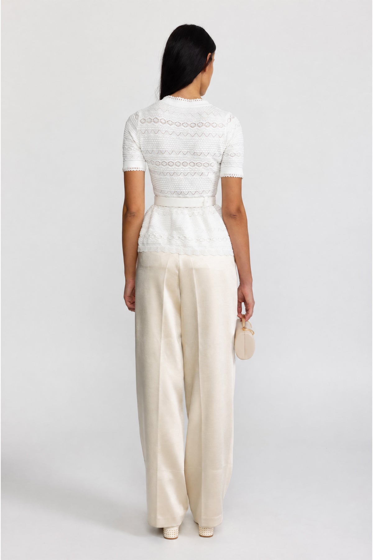 Pointelle Knit Bow Peplum Top - White
