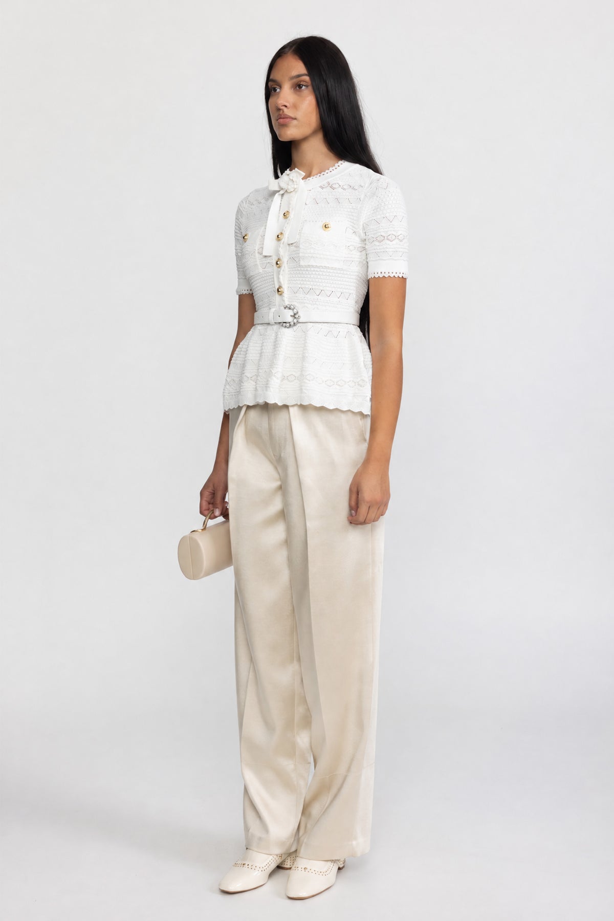 Pointelle Knit Bow Peplum Top - White