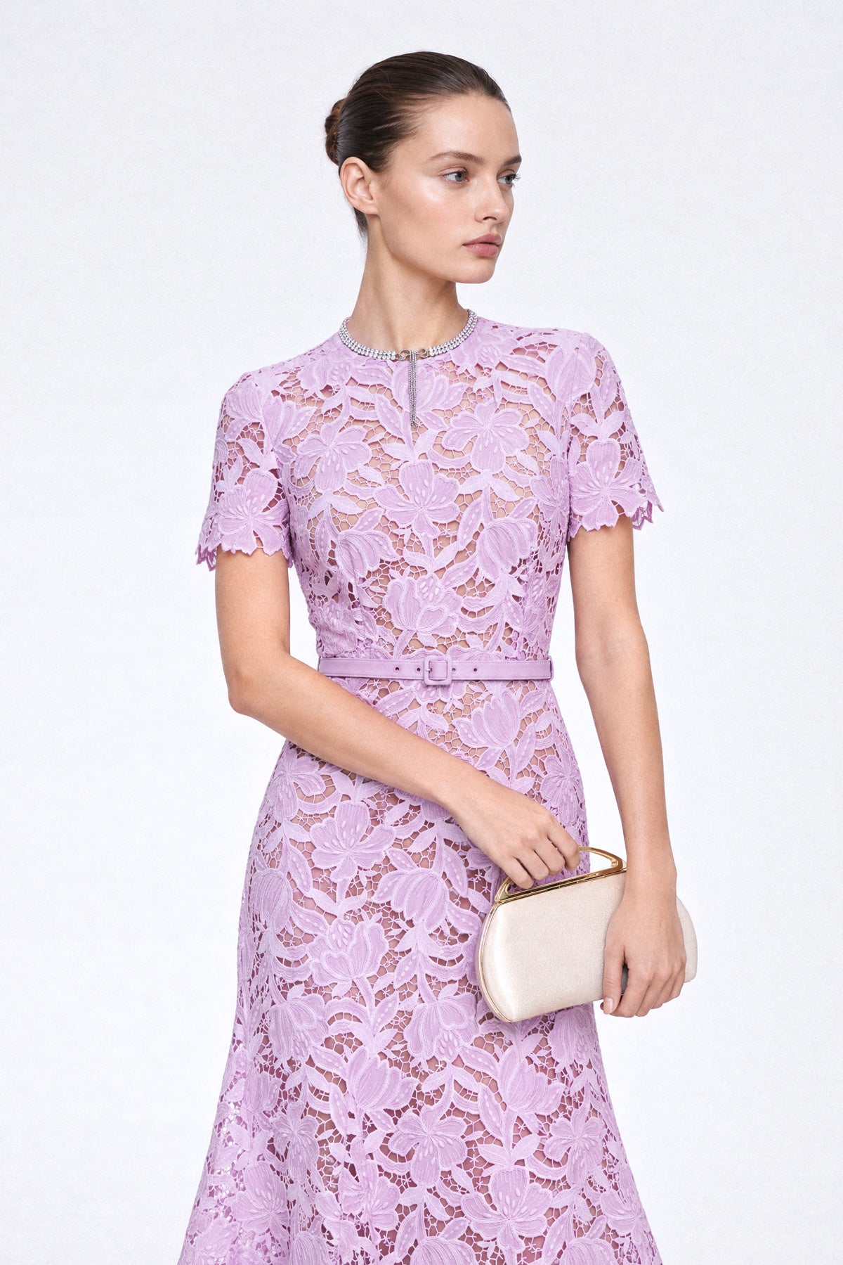 Floral Guipure Lace Midi Dress - Lilac