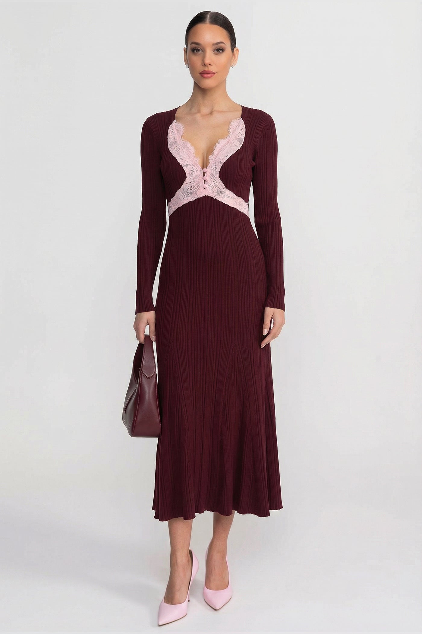 Ribbed Long Sleeve Midi Dress With Lace-Trim V-Neckline