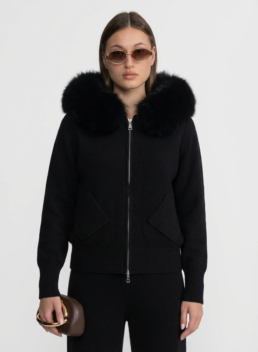 Zip-Up Wool Hoodie With Fox Fur Collar – Black