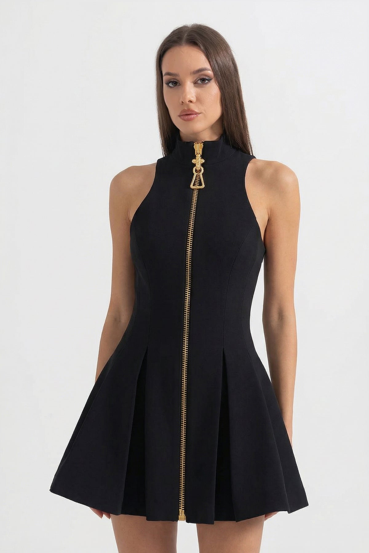 black dress with gold zipper Sleeveless Mini Front Flowy Photoshoot Dresses resistant and travel White House Black Market Size:S (34-35 sleeve length)