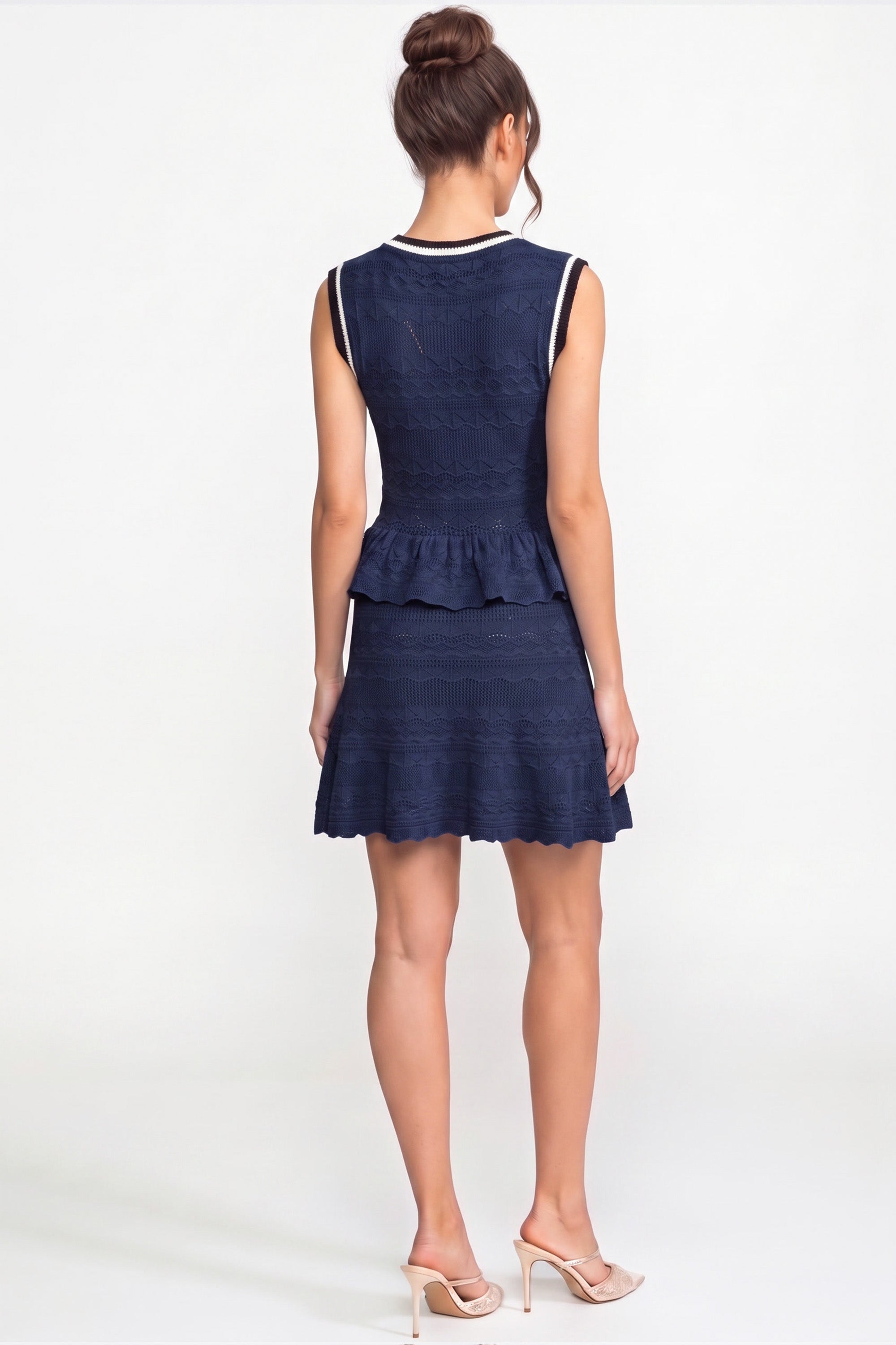 Peplum Knit Mini Dress With Contrast Trim And Bow - Navy