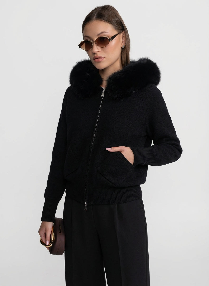 Zip-Up Wool Hoodie With Fox Fur Collar – Black