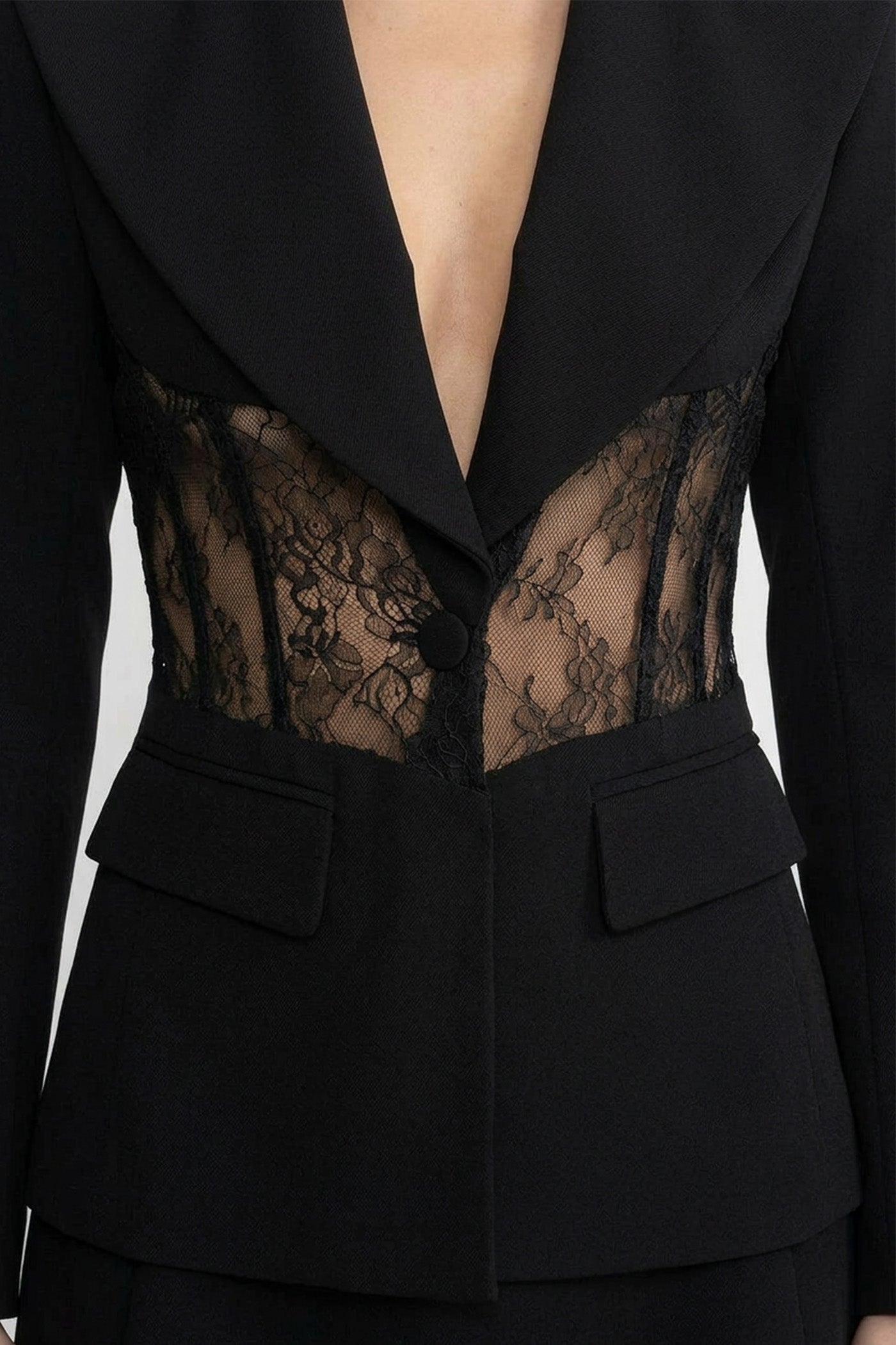 Tailored Long Sleeve Blazer With Sheer Lace Waist Panels - Black