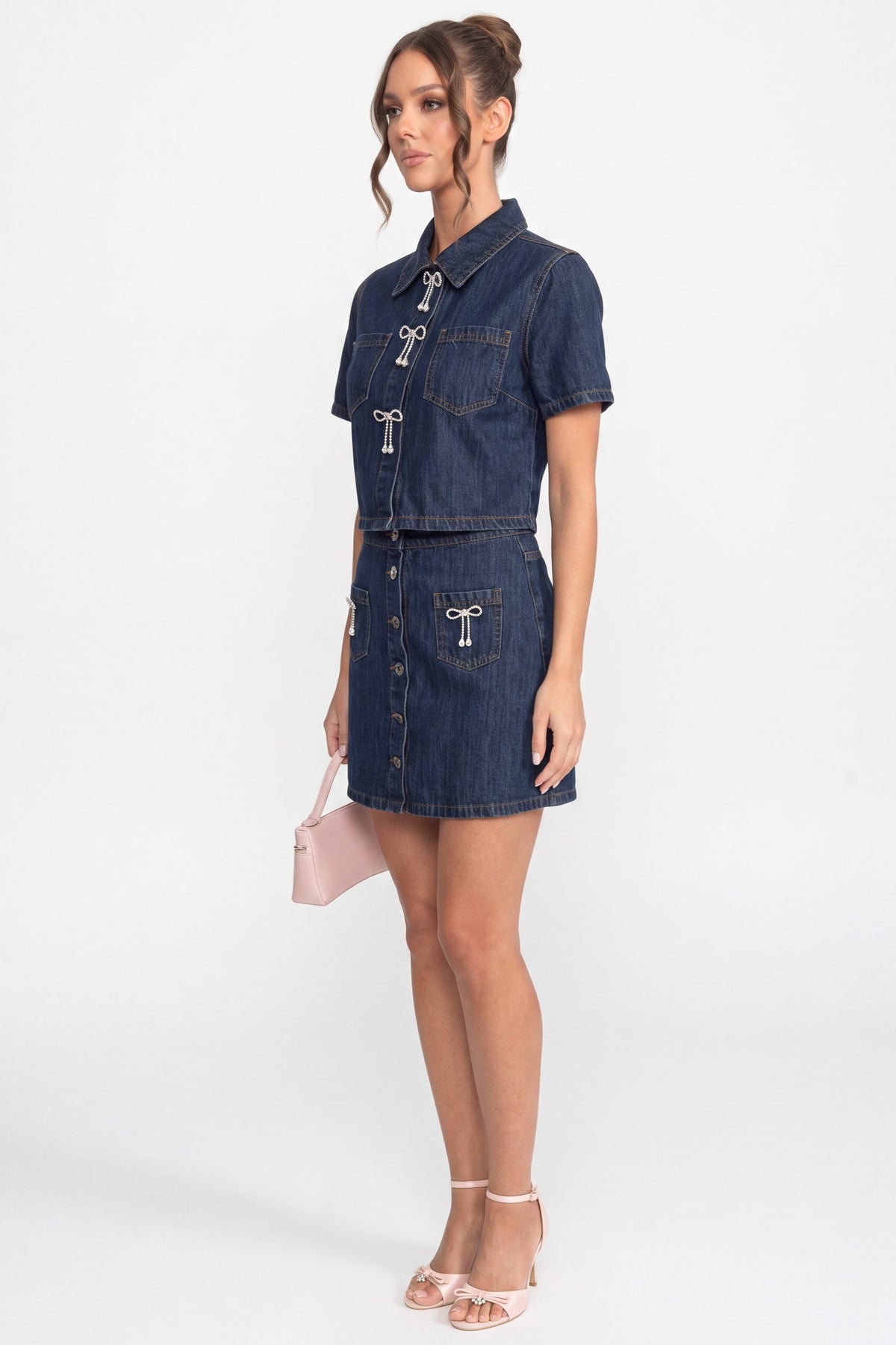 Denim Shirt And A-Line Skirt Co-Ord Set With Sparkling Bow Details - Blue